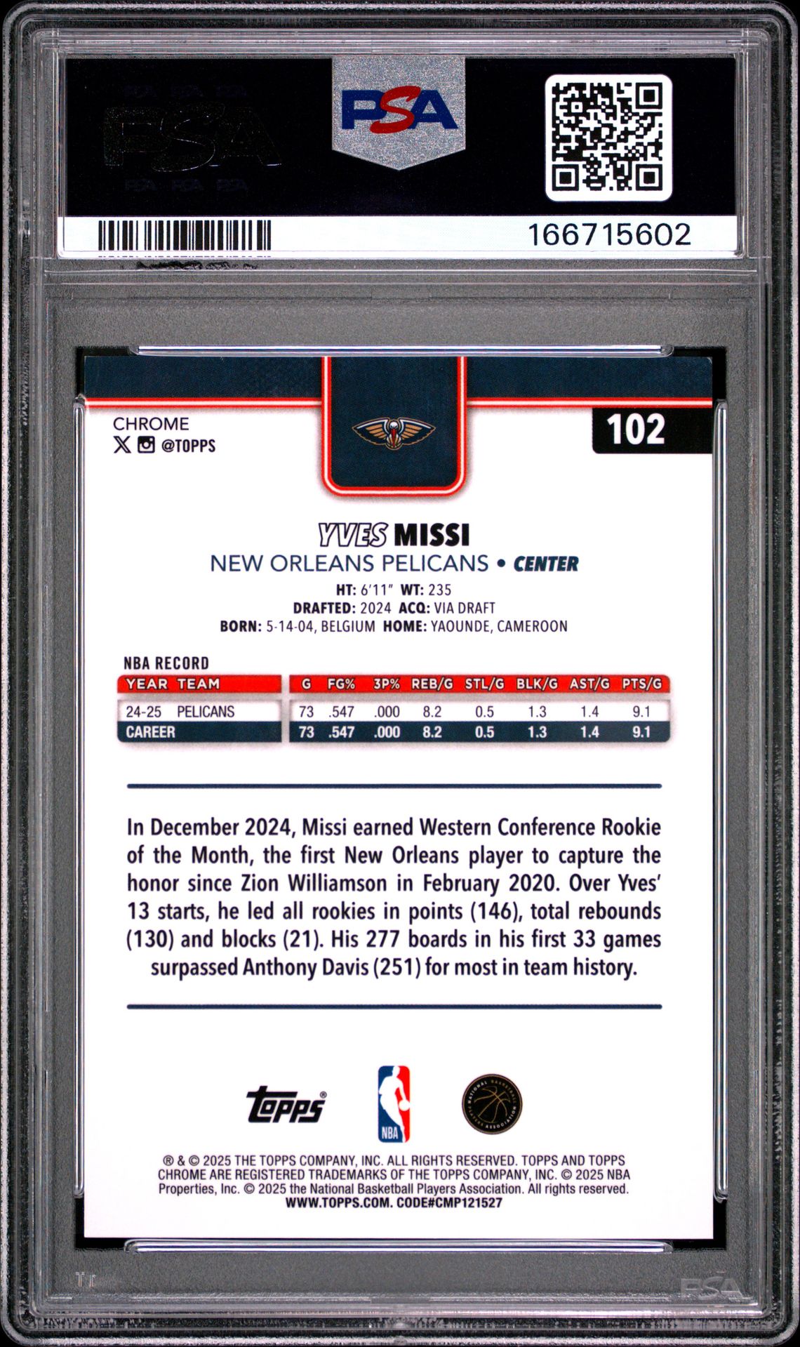 2025 Topps Chrome Yves Missi #102 (Gold Refractor) Mint 9 back