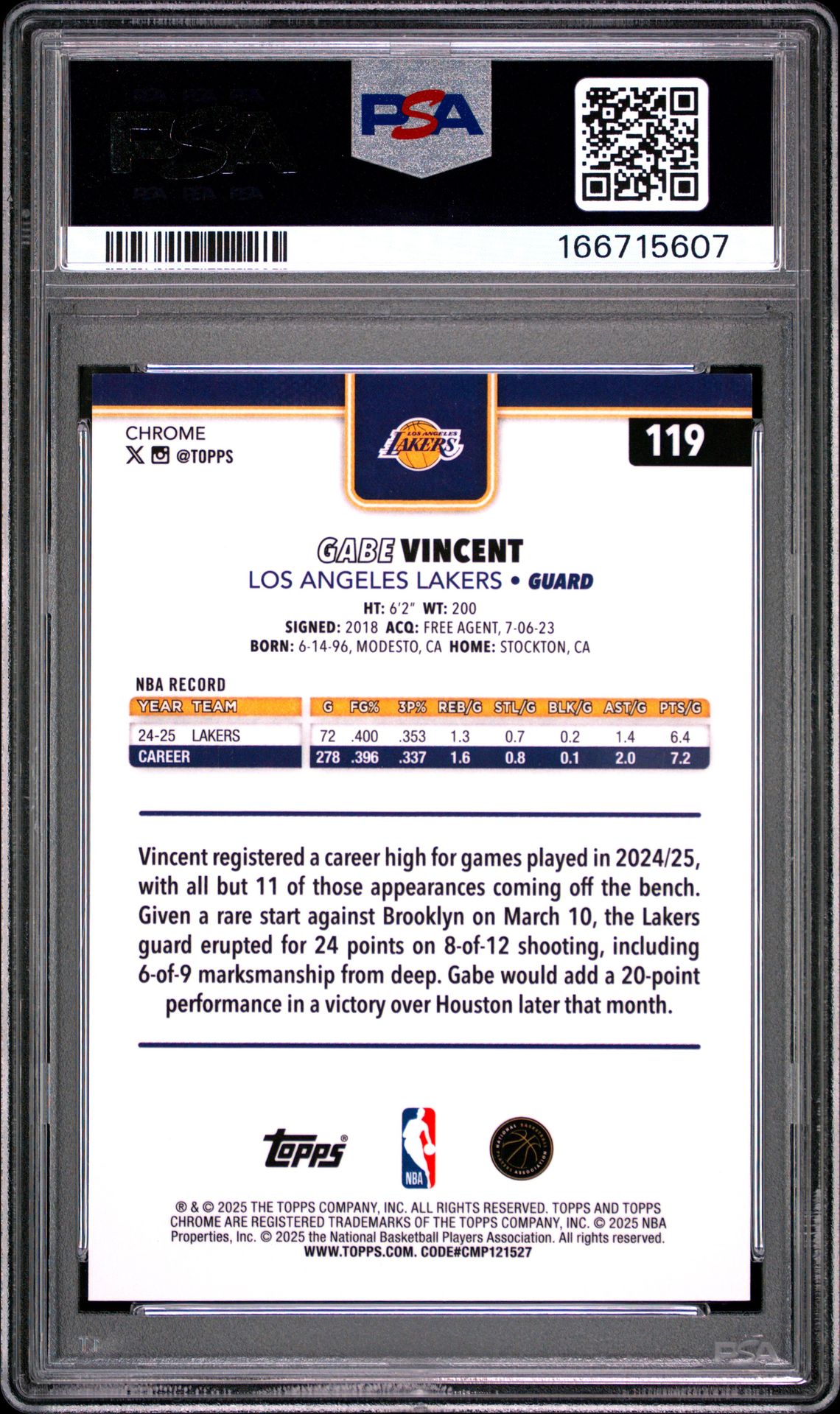2025 Topps Chrome Gabe Vincent #119 (Gold Refractor) Mint 9 back