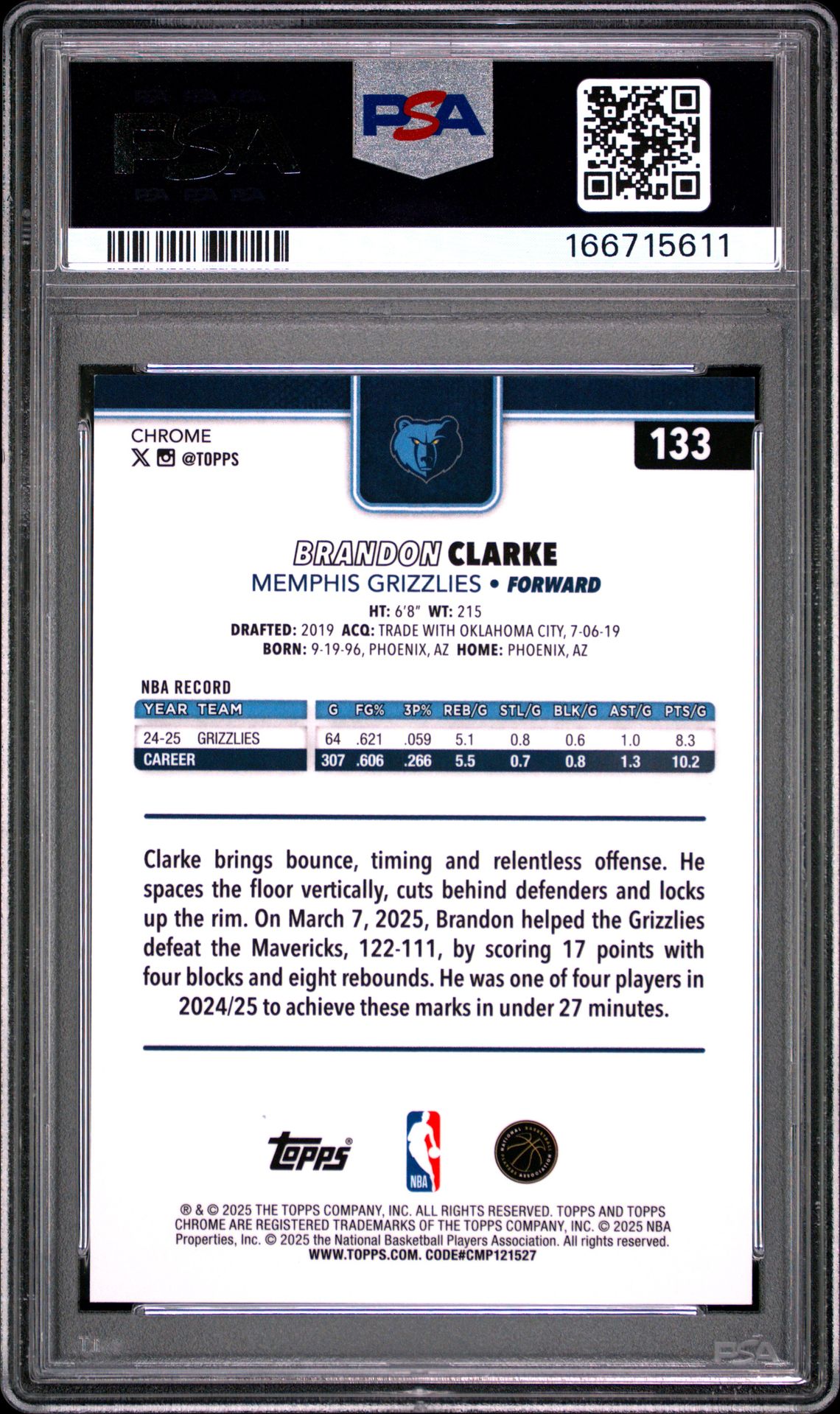 2025 Topps Chrome Brandon Clarke #133 (Gold Refractor) Mint 9 back