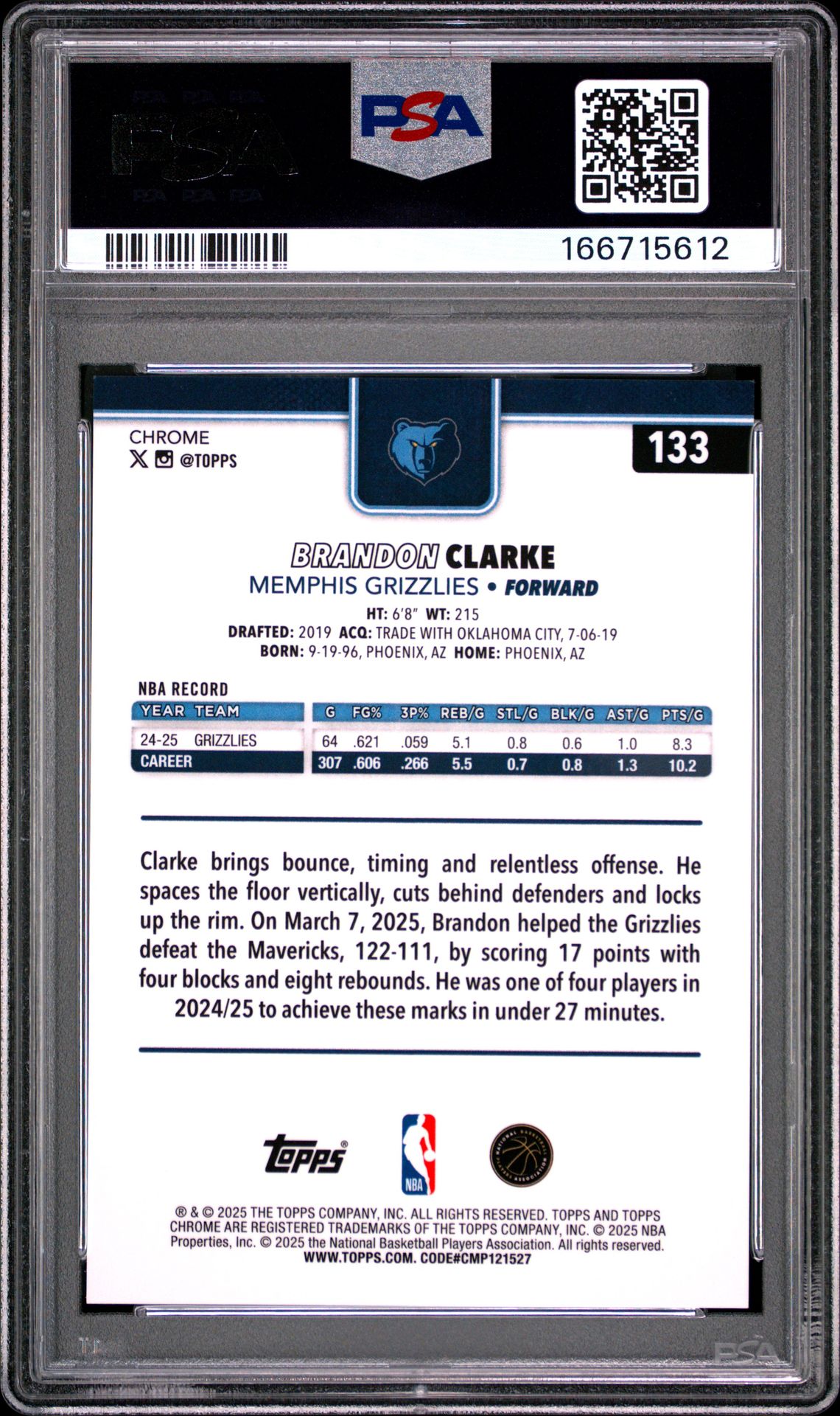 2025 Topps Chrome Brandon Clarke #133 (Gold Refractor) Nm-Mt 8 back