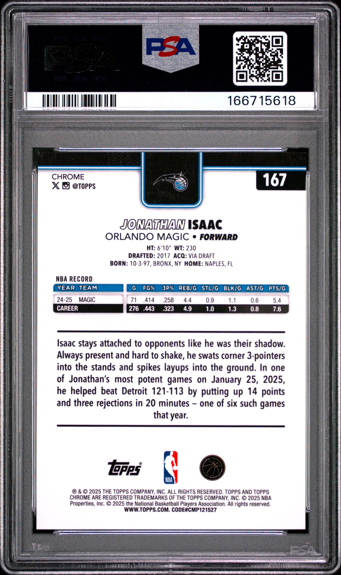 2025 Topps Chrome Jonathan Isaac #167 (Gold Refractor) Mint 9 back
