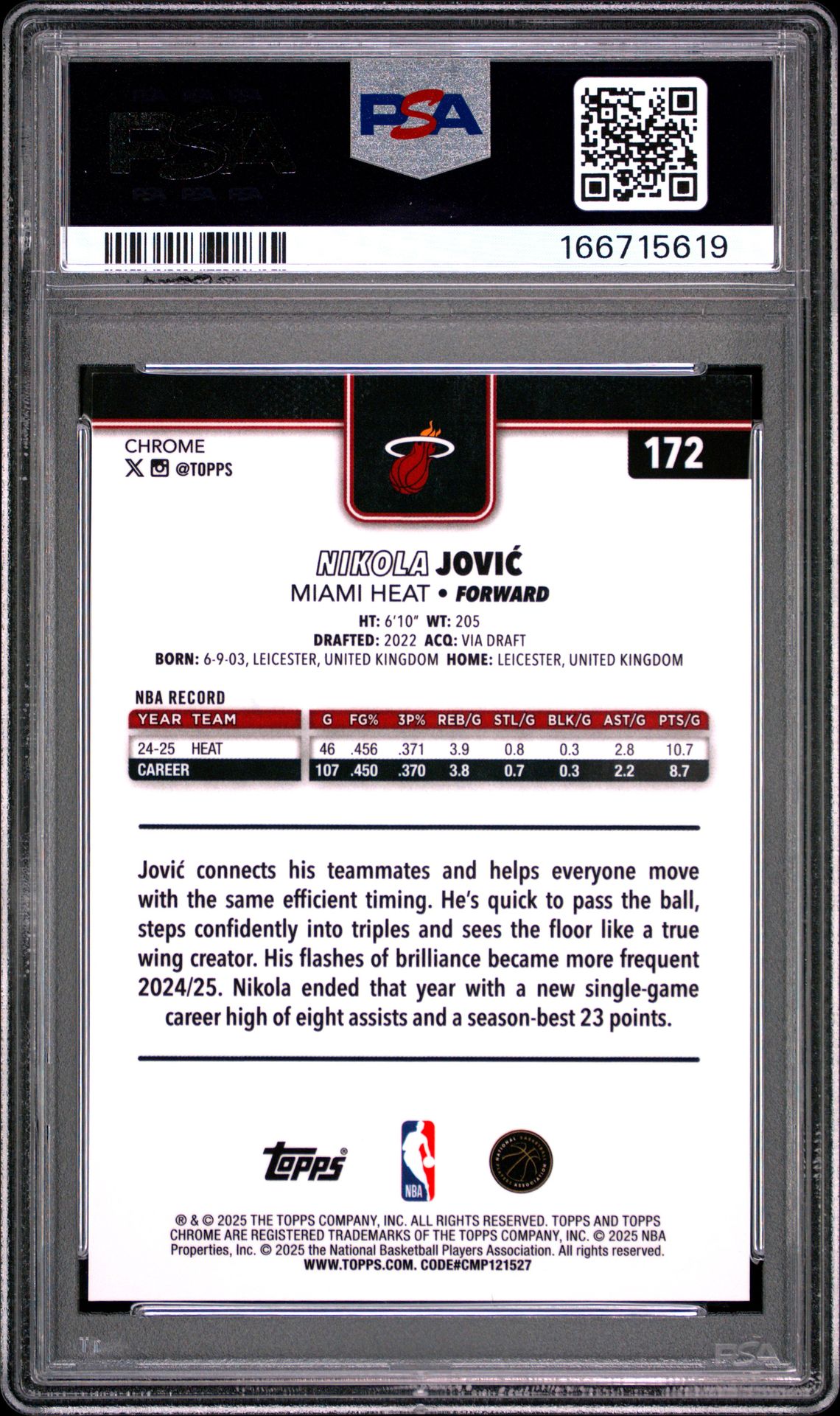 2025 Topps Chrome Nikola Jovic #172 (Gold Refractor) Mint 9 back