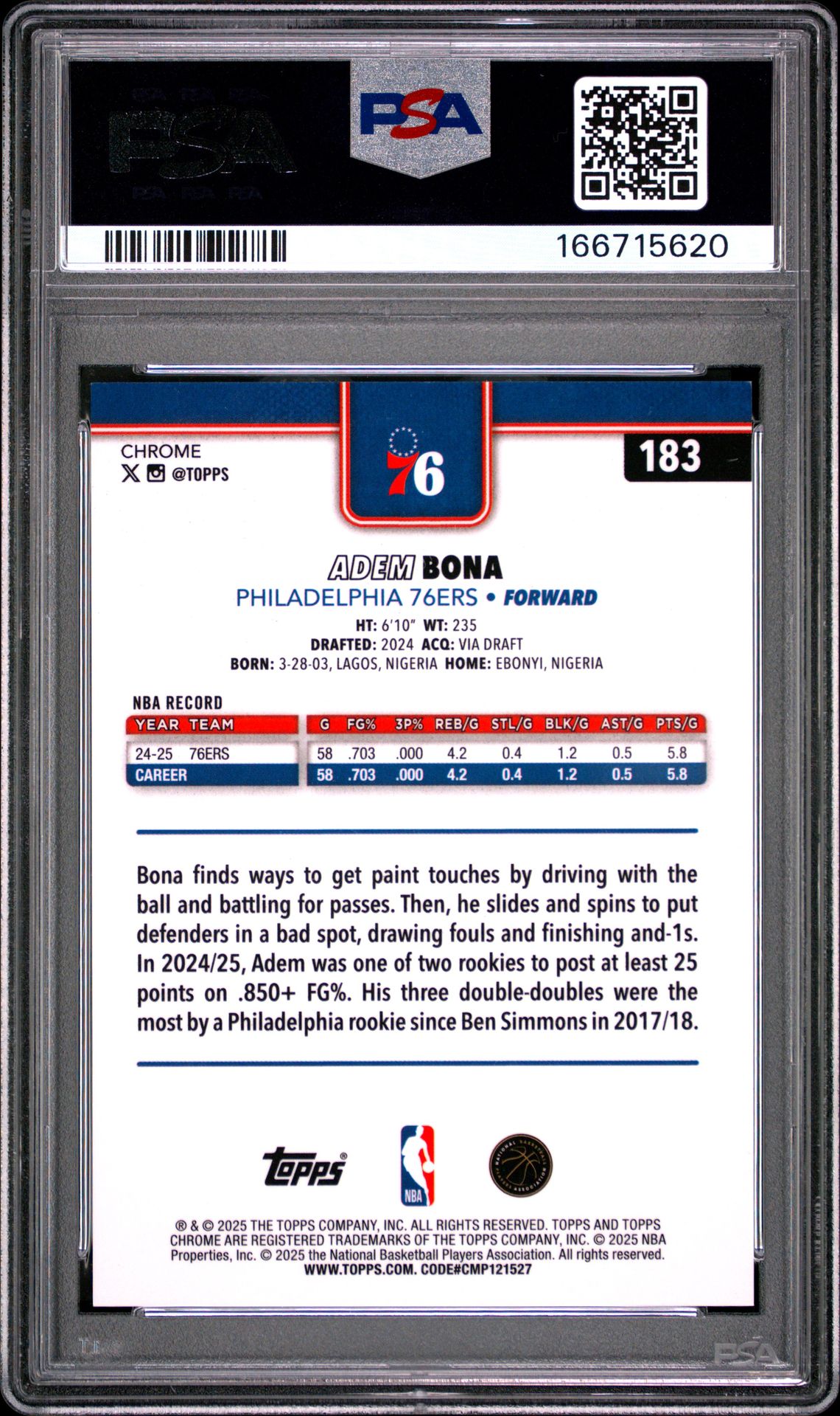 2025 Topps Chrome Adem Bona #183 (Gold Refractor) Mint 9 back
