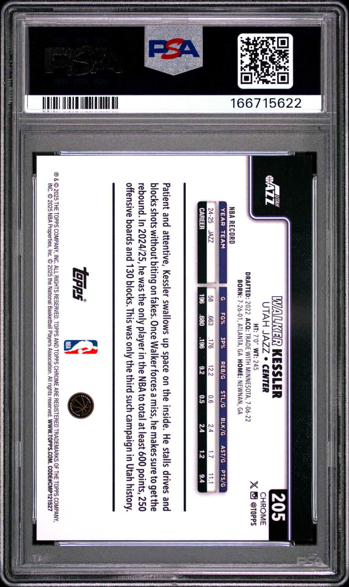 2025 Topps Chrome Walker Kessler #205 (Gold Refractor) Mint 9 back