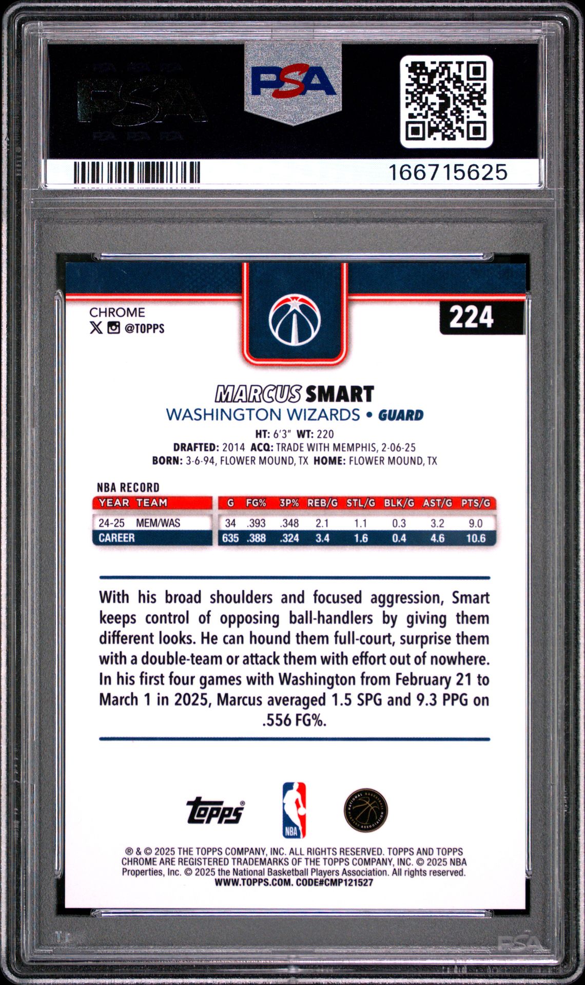 2025 Topps Chrome Marcus Smart #224 (Gold Refractor) Mint 9 back