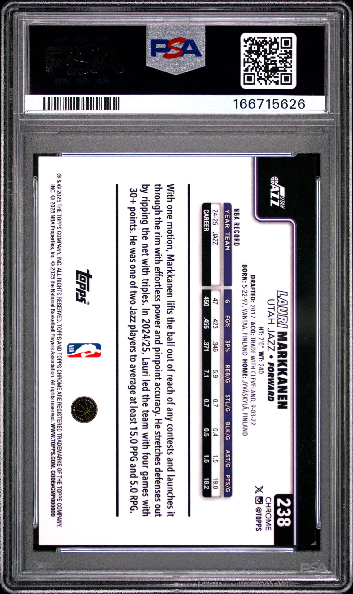 2025 Topps Chrome Lauri Markkanen #238 (Gold Refractor) Nm-Mt 8 back