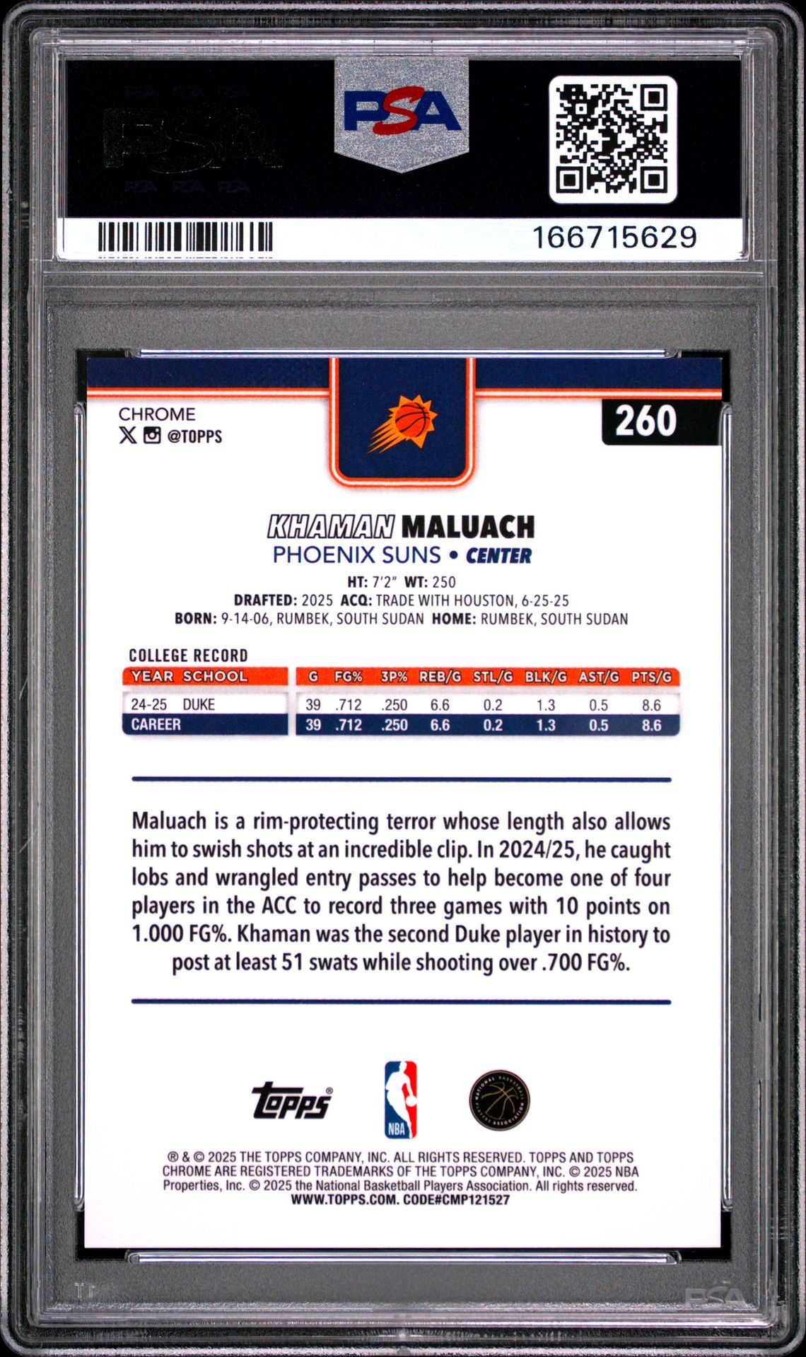 2025 Topps Chrome Khaman Maluach #260 (Gold Refractor) Mint 9 back
