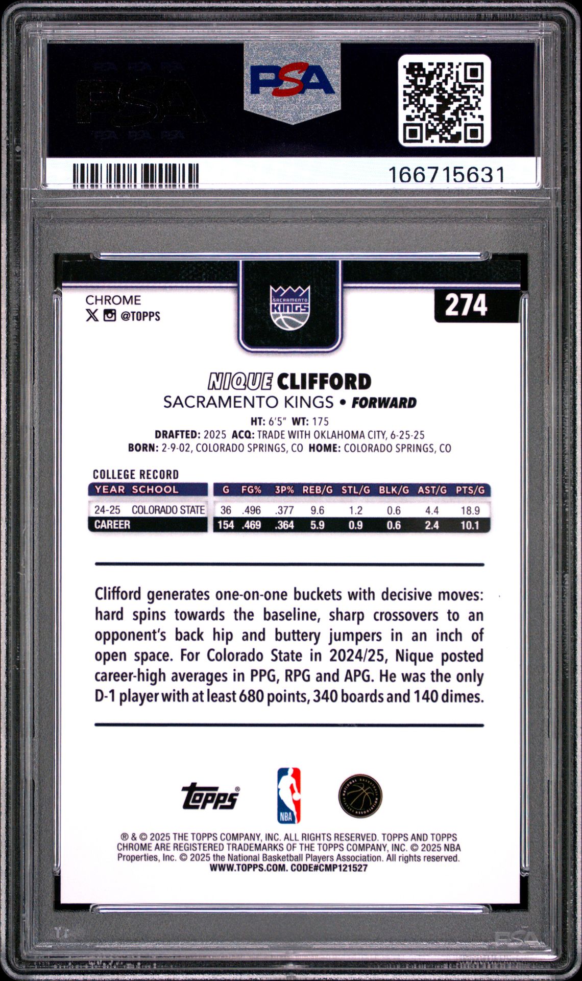 2025 Topps Chrome Nique Clifford #274 (Gold Refractor) Nm-Mt 8 back