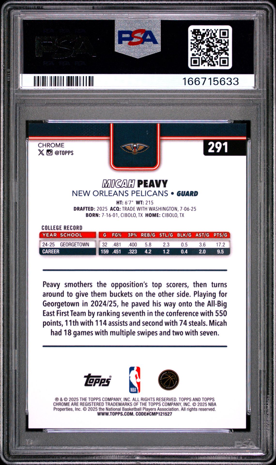 2025 Topps Chrome Micah Peavy #291 (Gold Refractor) Mint 9 back