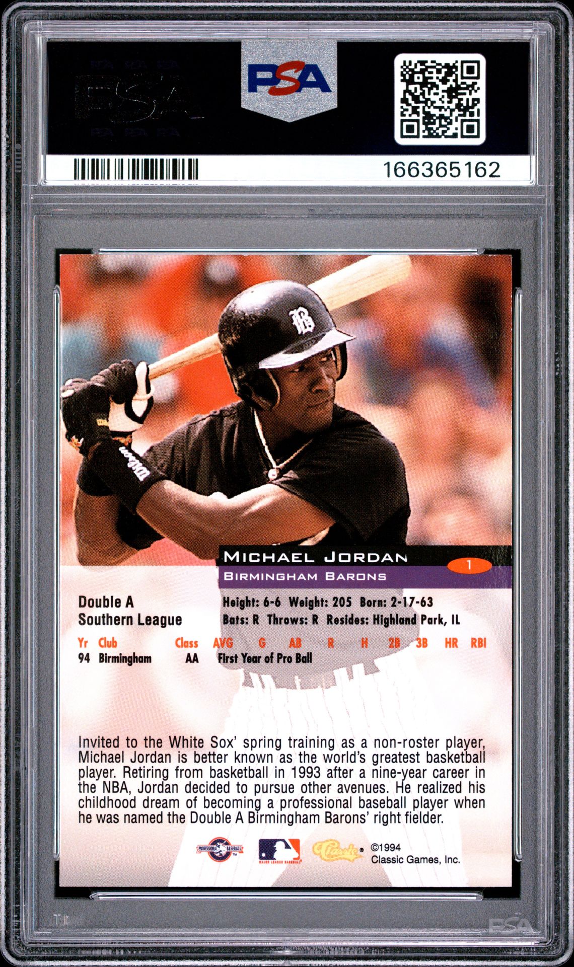 1994 Classic Michael Jordan #1 (Birmingham Barons) Nm 7 back