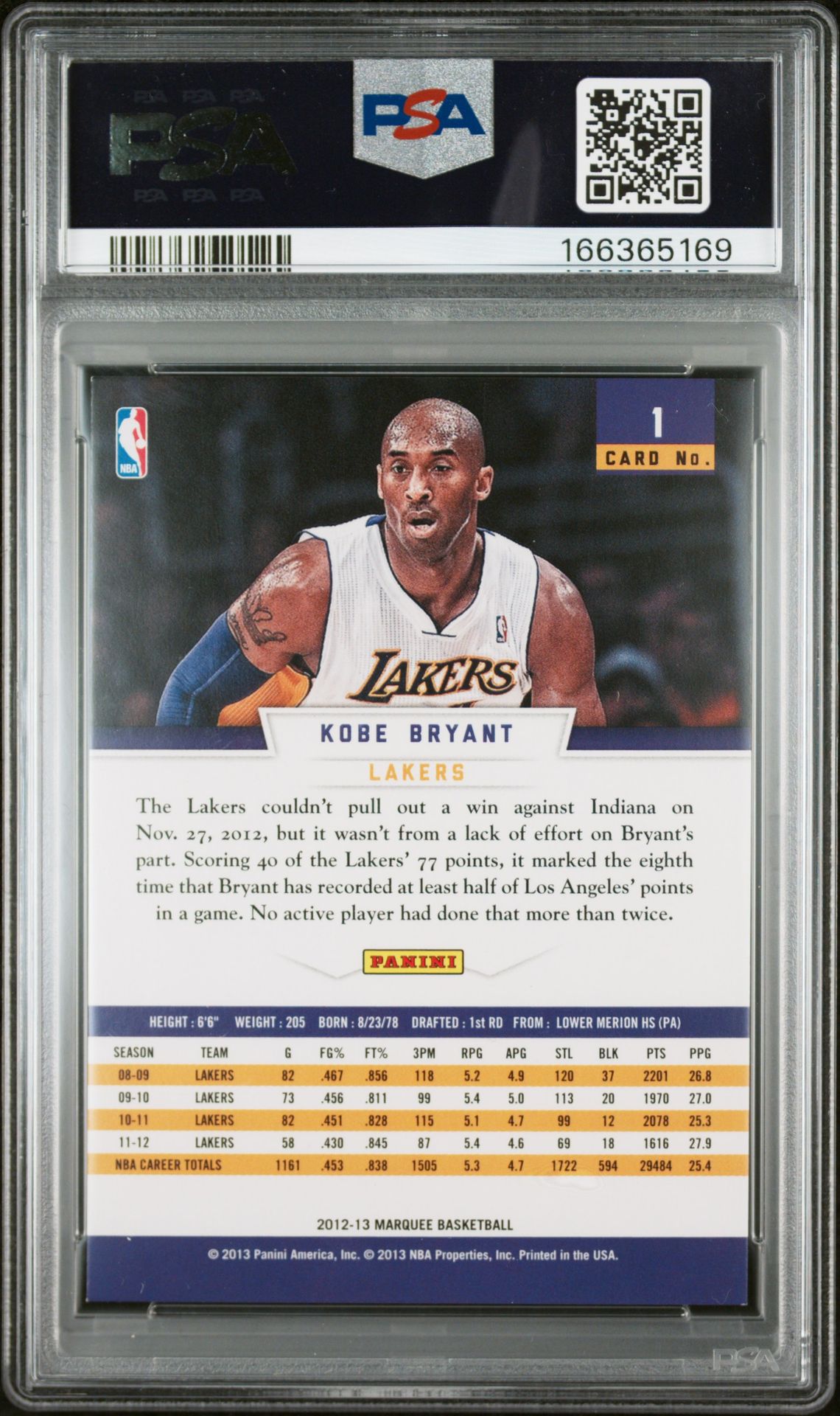 2012 Panini Marquee Kobe Bryant #1 Ex-Mt 6 back