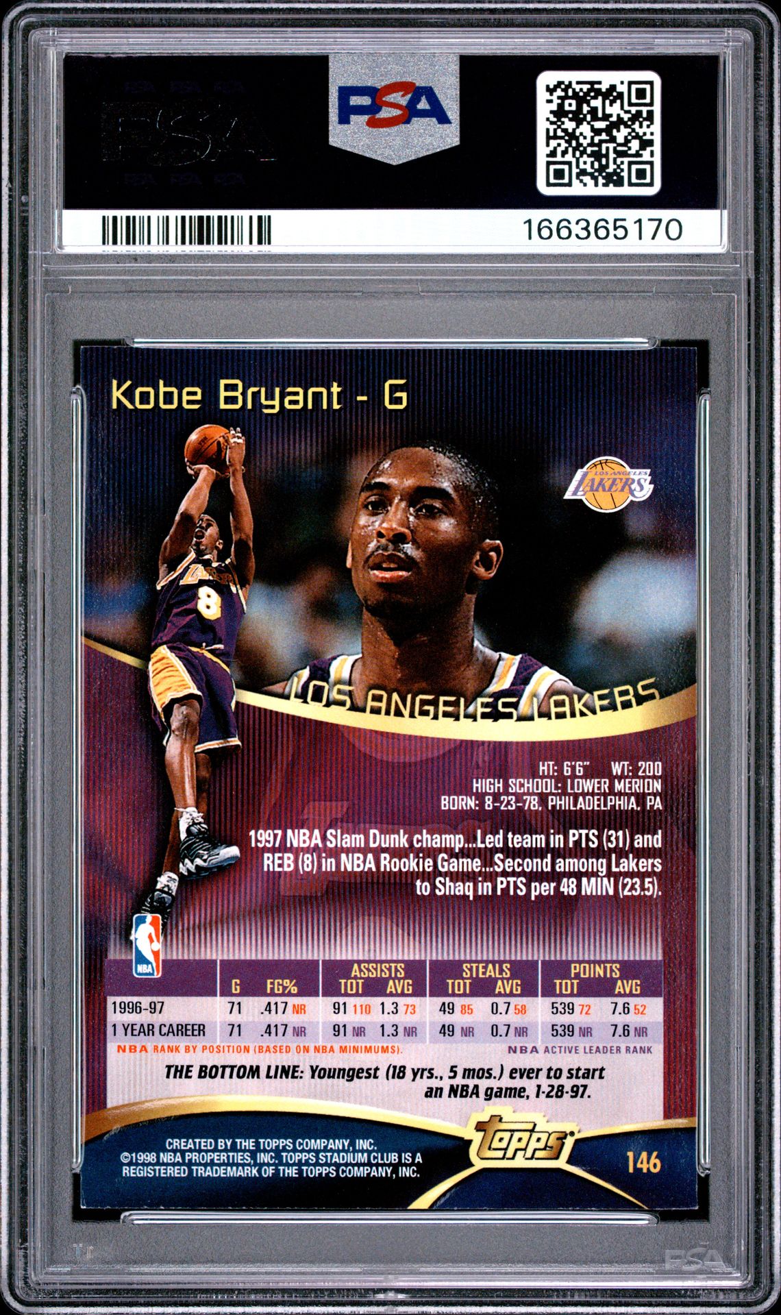1997 Stadium Club Kobe Bryant #146 Nm 7 back