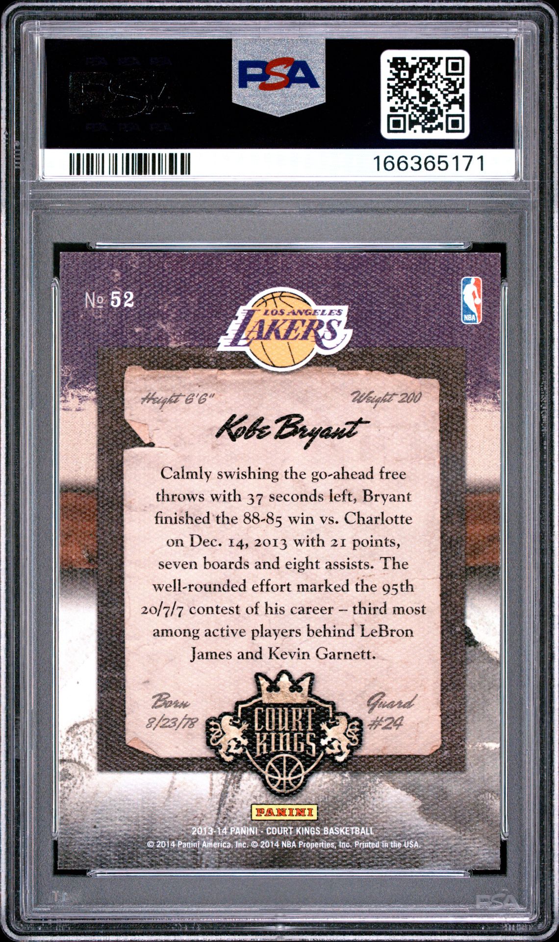 2013 Panini Court Kings Kobe Bryant #52 Nm-Mt 8 back
