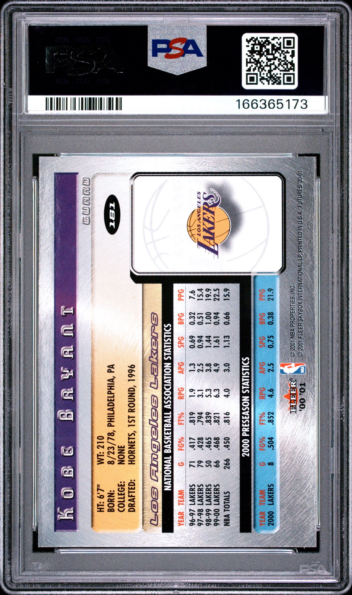 2000 Fleer Futures Kobe Bryant #181 Vg-Ex 4 back