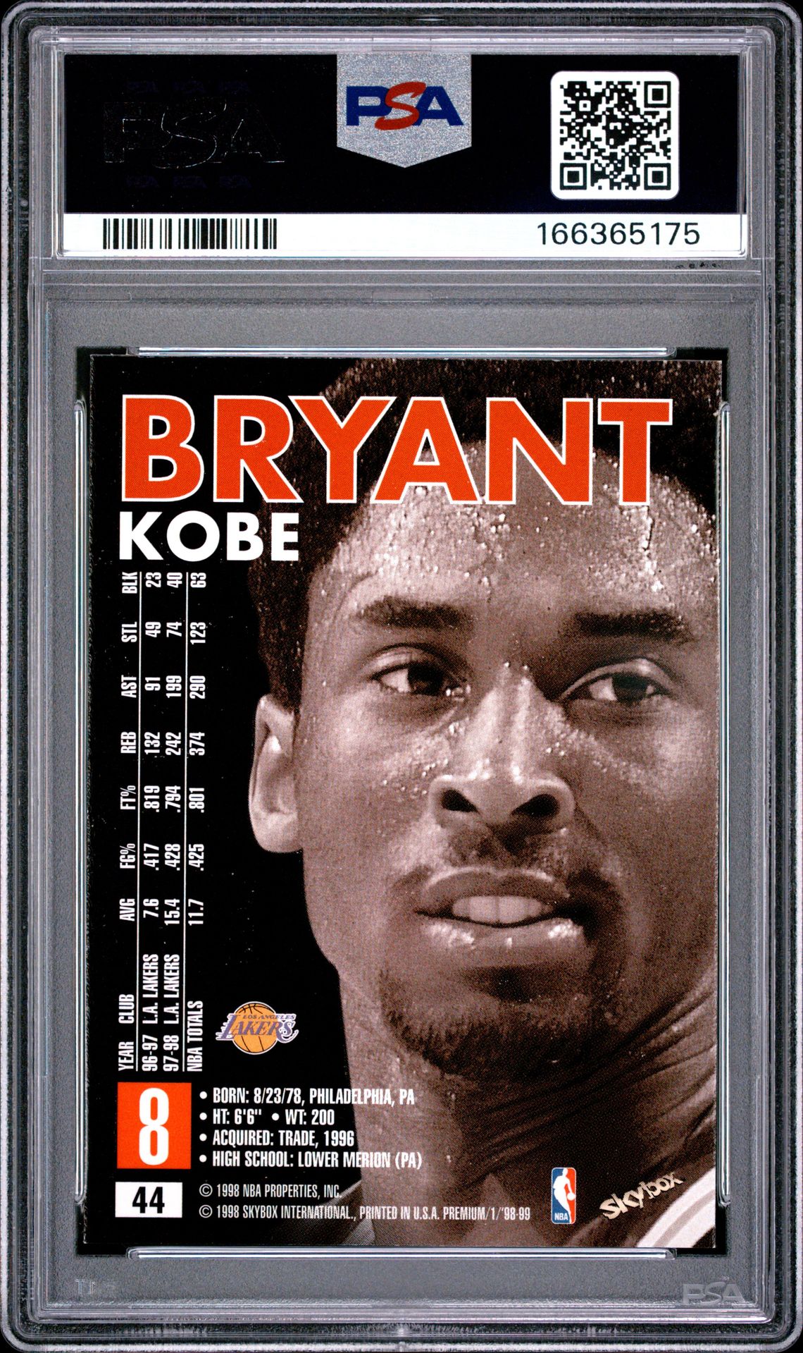 1998 Skybox Premium Kobe Bryant #44 Nm 7 back