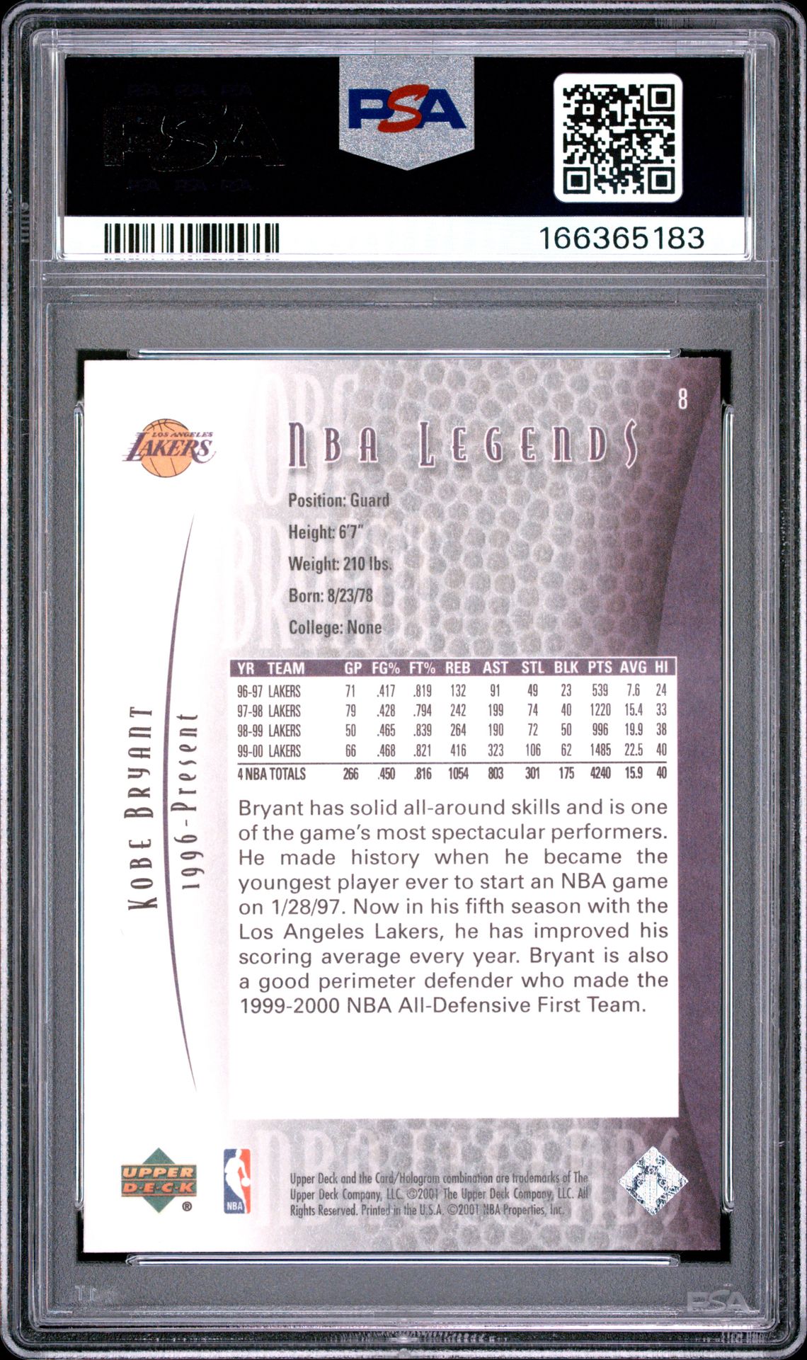 2000 Upper Deck Legends Kobe Bryant #8 Mint 9 back