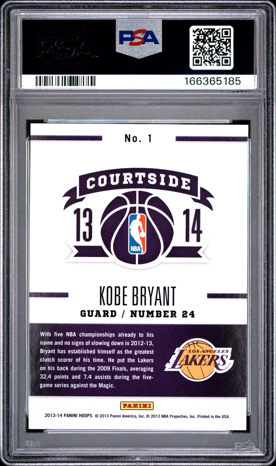 2013 Panini Hoops Courtside Kobe Bryant #1 (Courtside) Mint 9 back