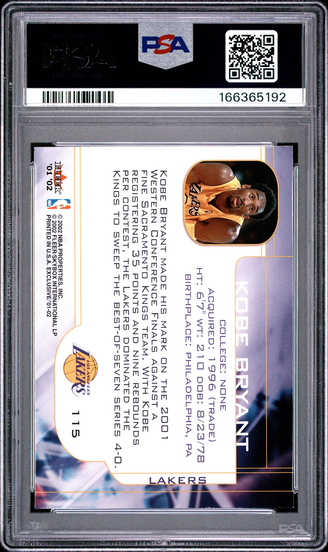 2001 Fleer Exclusive Kobe Bryant #115 Nm-Mt 8 back