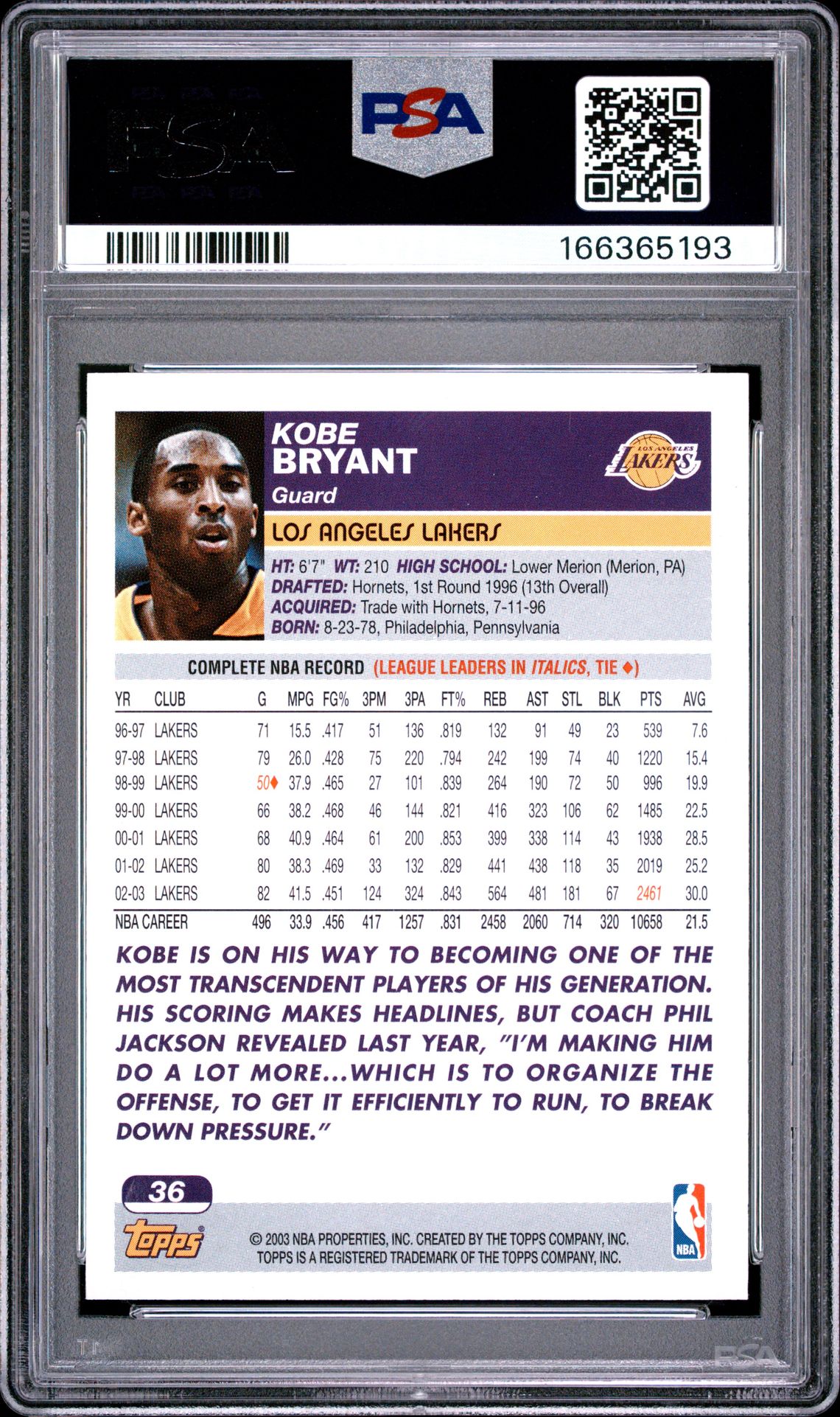 2003 Topps Kobe Bryant #36 Nm-Mt 8 back