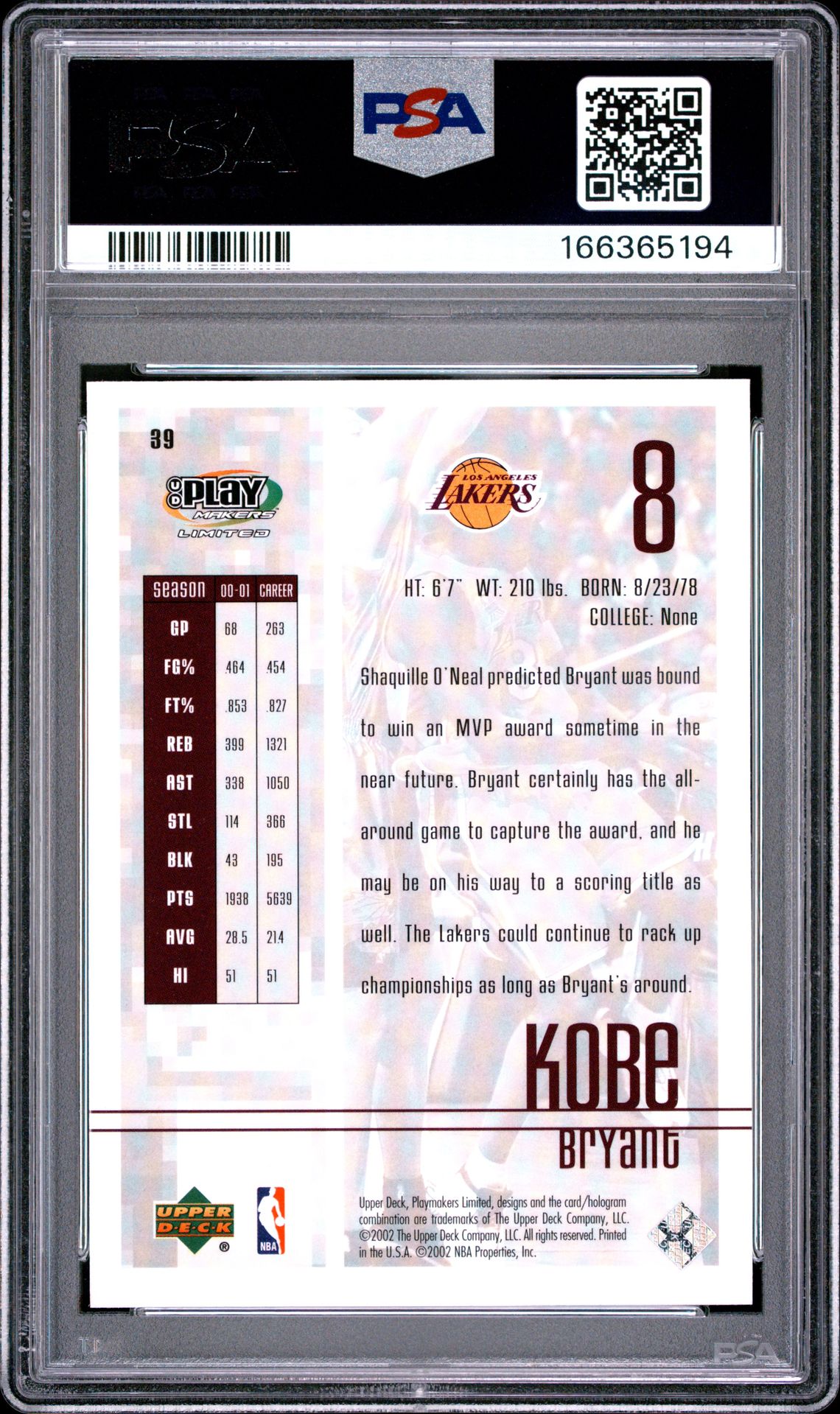 2001 Upper Deck Playmakers Kobe Bryant #39 Nm-Mt 8 back