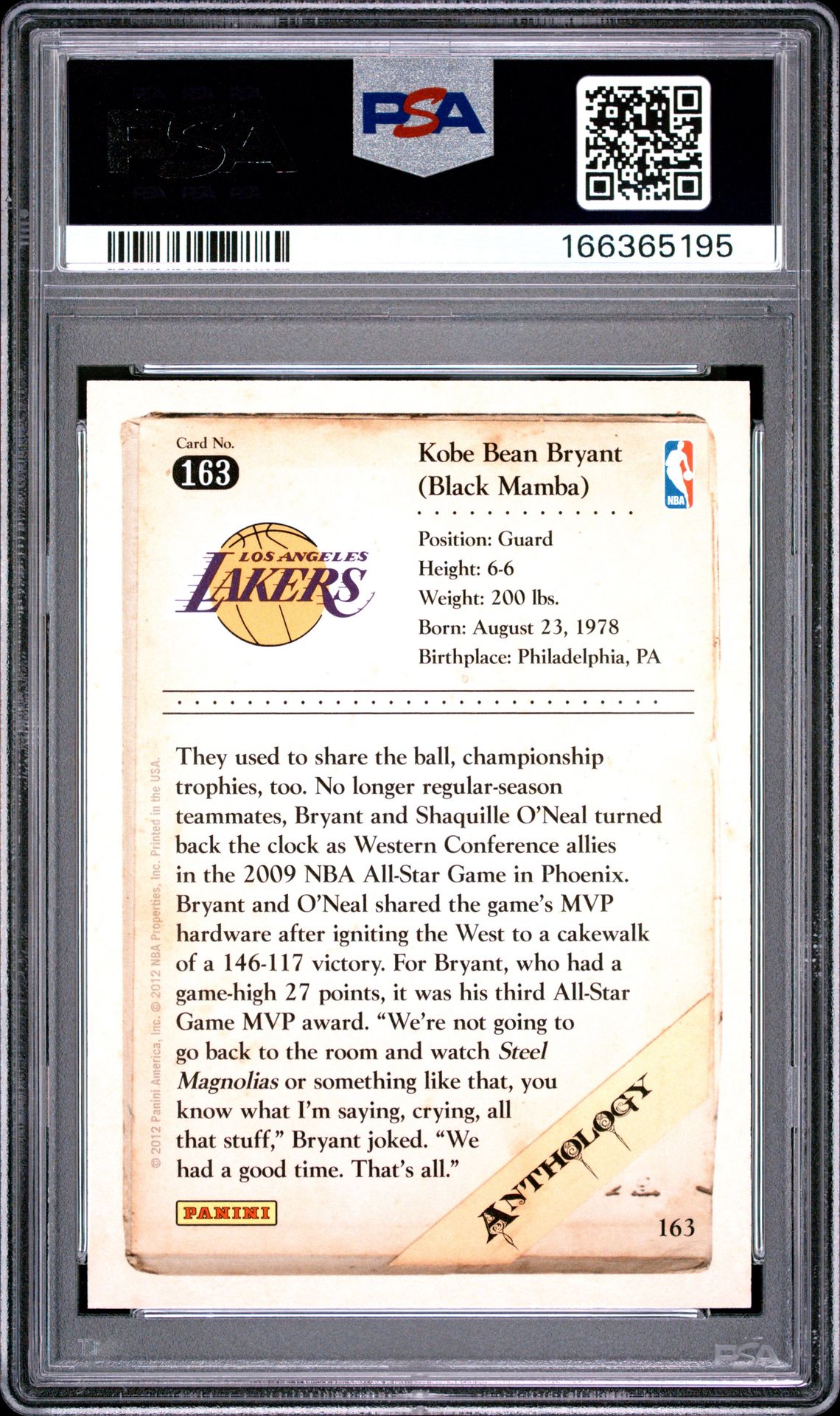 2012 Panini Kobe Anthology Kobe Bryant #163 (Kobe Anthology) Mint 9 back