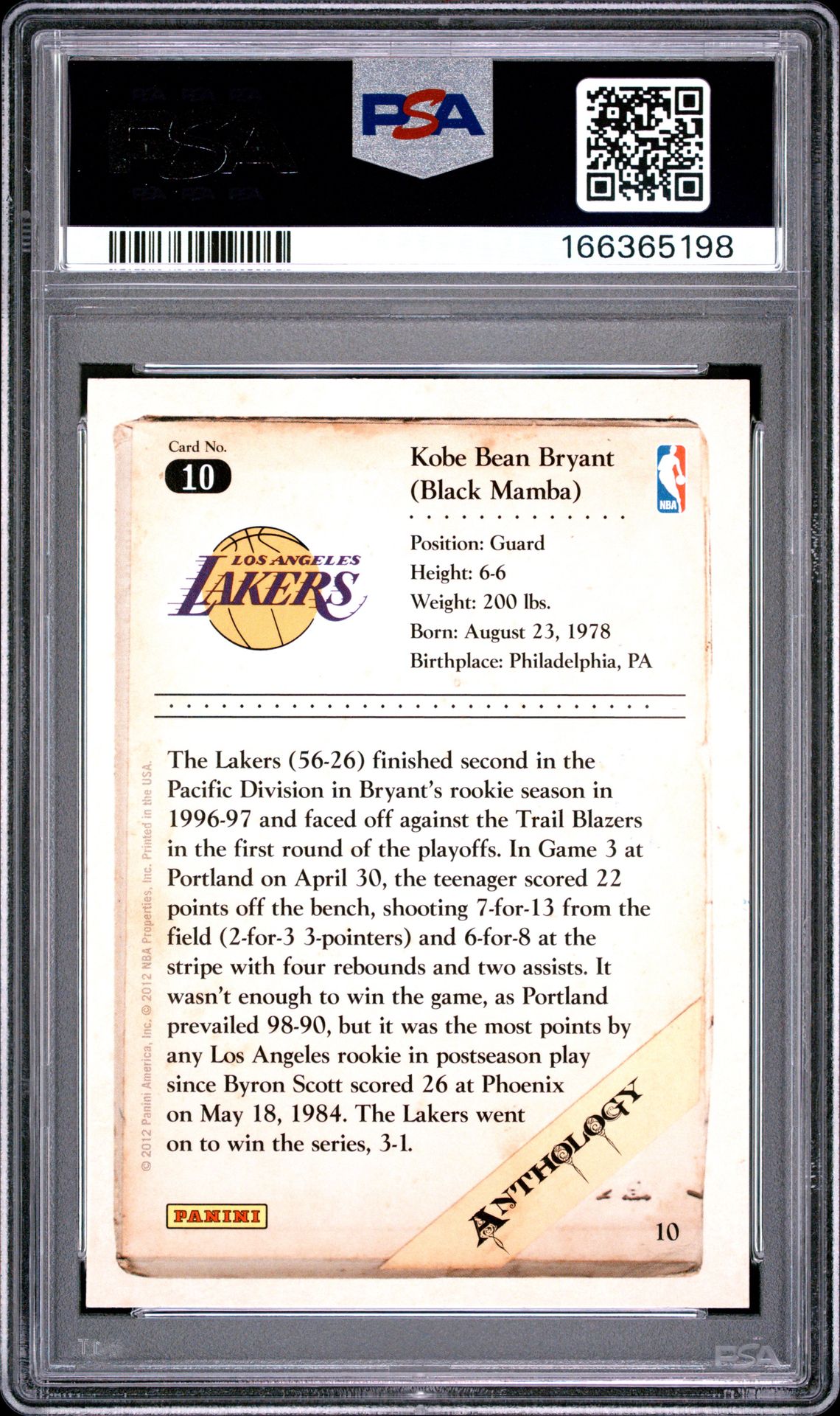 2012 Panini Kobe Anthology Kobe Bryant #10 (Kobe Anthology) Nm-Mt 8 back