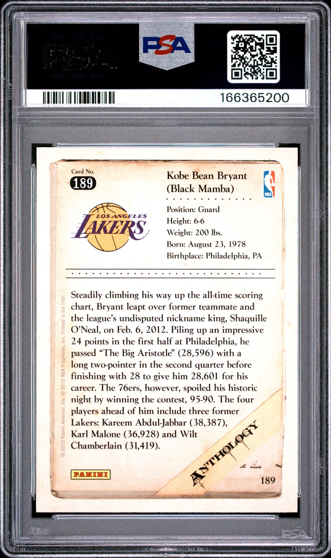 2012 Panini Kobe Anthology Kobe Bryant #189 (Kobe Anthology) Mint 9 back