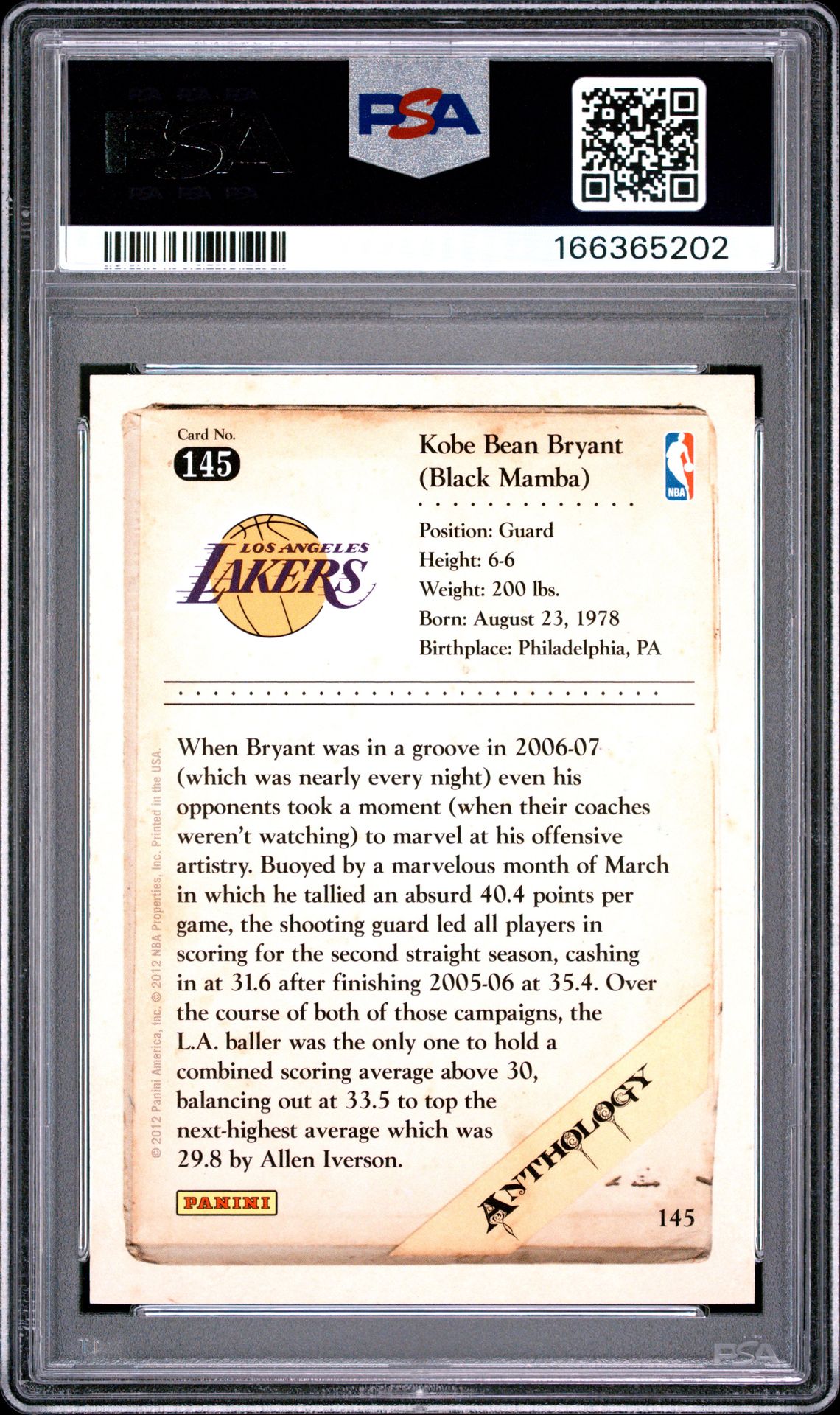 2012 Panini Kobe Anthology Kobe Bryant #145 (Kobe Anthology) Nm-Mt 8 back