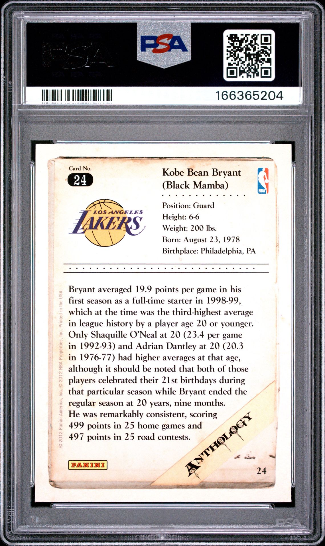 2012 Panini Kobe Anthology Kobe Bryant #24 (Kobe Anthology) Mint 9 back