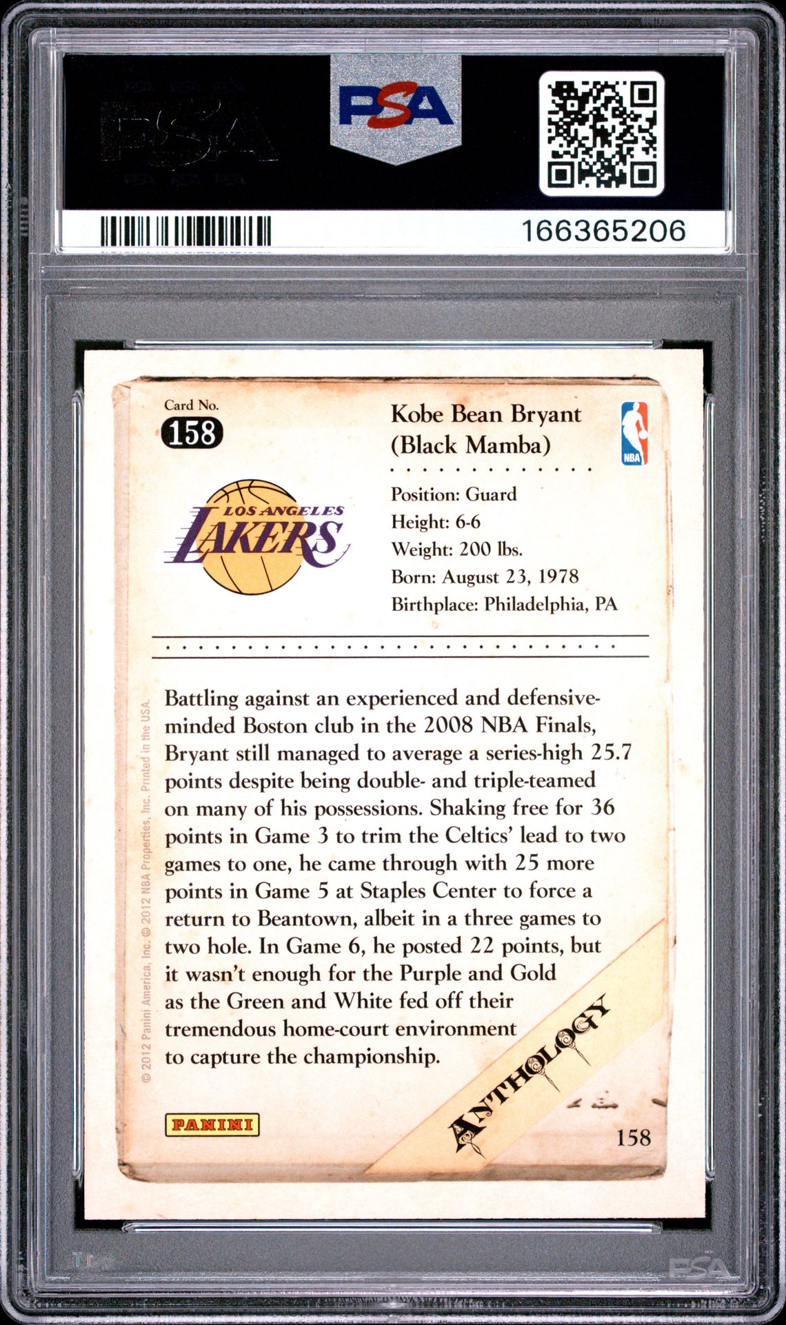 2012 Panini Kobe Anthology Kobe Bryant #158 (Kobe Anthology) Mint 9 back