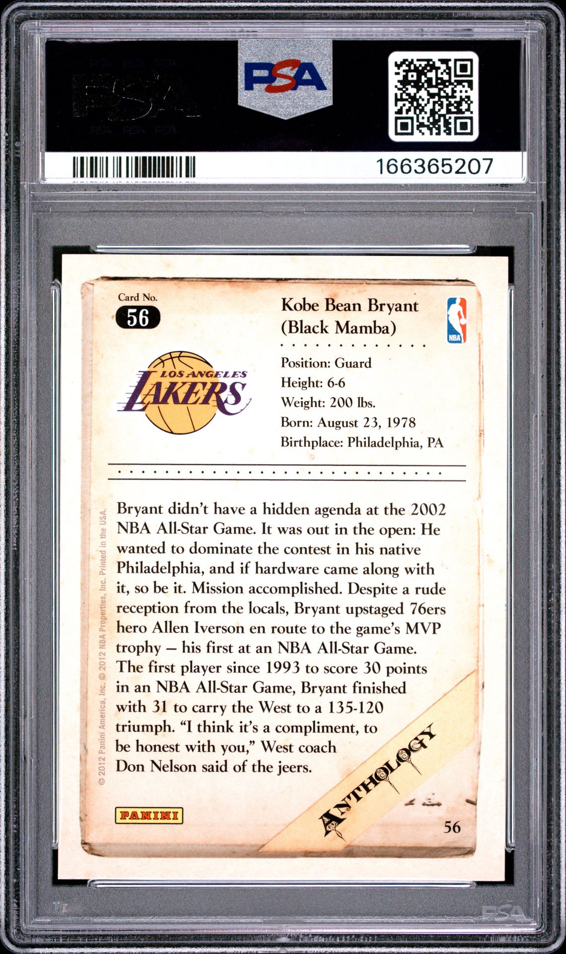 2012 Panini Kobe Anthology Kobe Bryant #56 (Kobe Anthology) Mint 9 back