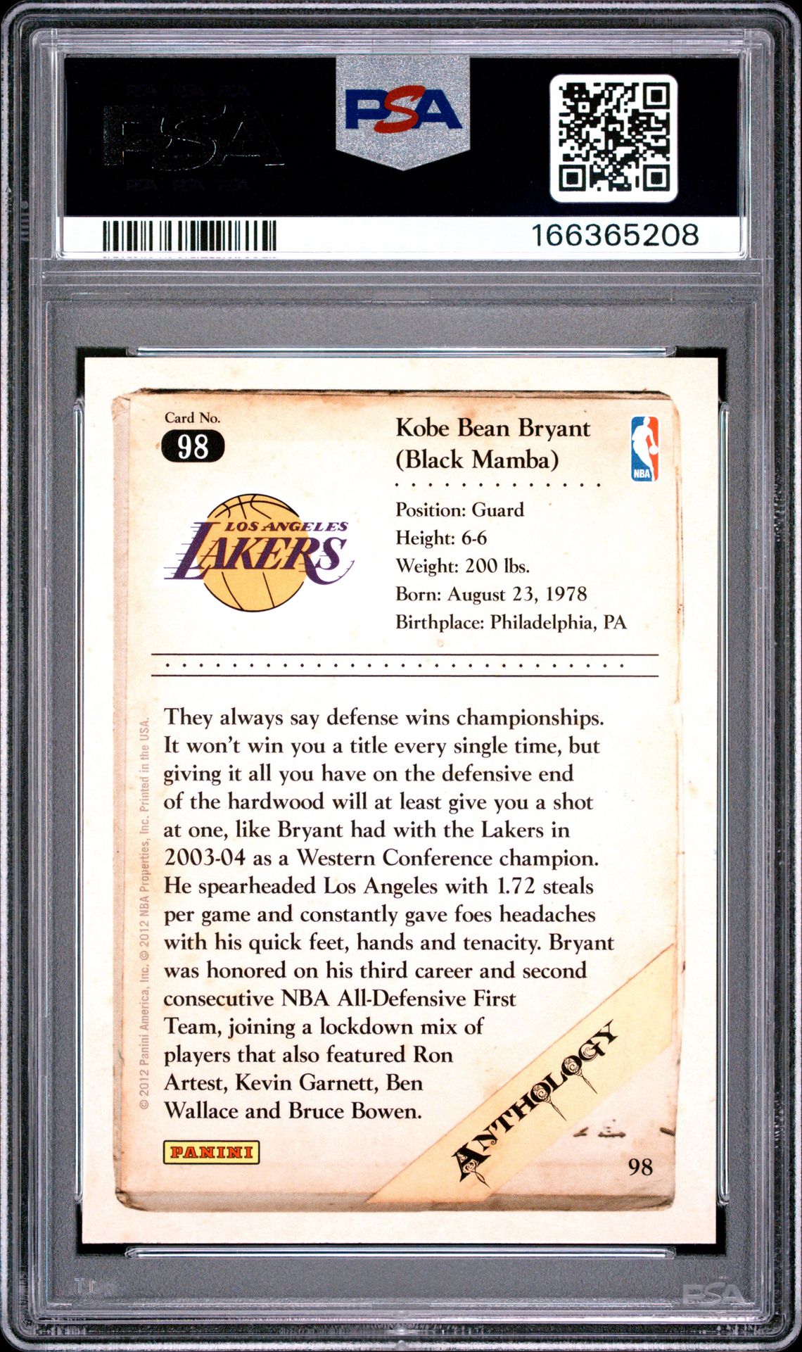 2012 Panini Kobe Anthology Kobe Bryant #98 (Kobe Anthology) Mint 9 back