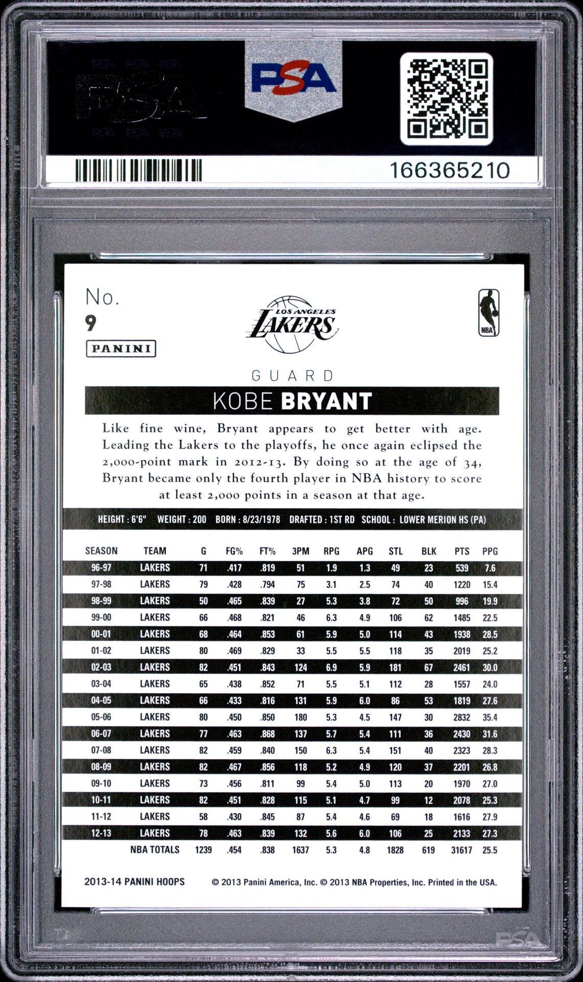 2013 Panini Hoops Kobe Bryant #9 Mint 9 back