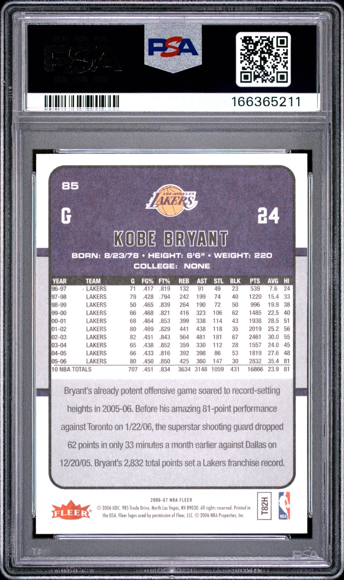 2006 Fleer Kobe Bryant #85 Nm-Mt 8 back