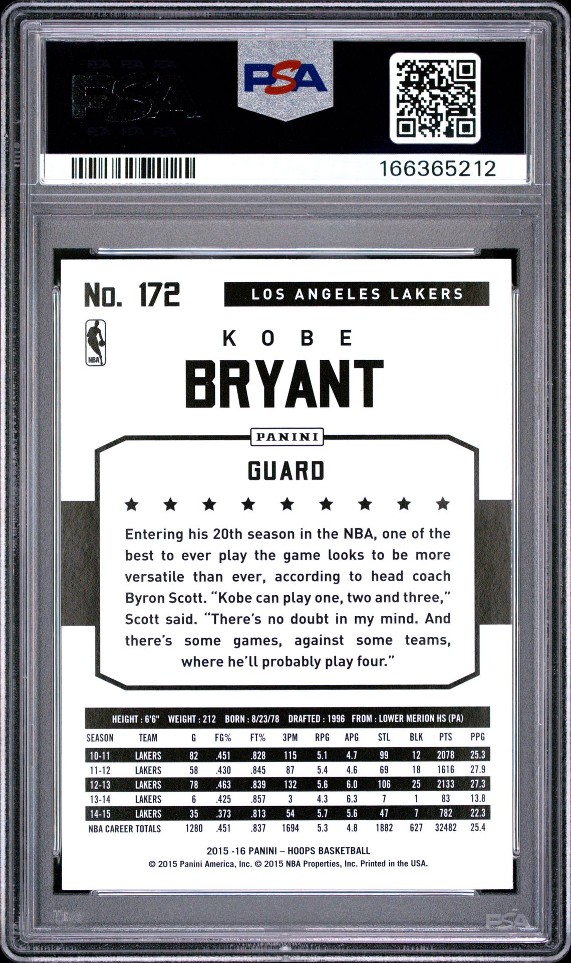 2015 Panini Hoops Kobe Bryant #172 Mint 9 back