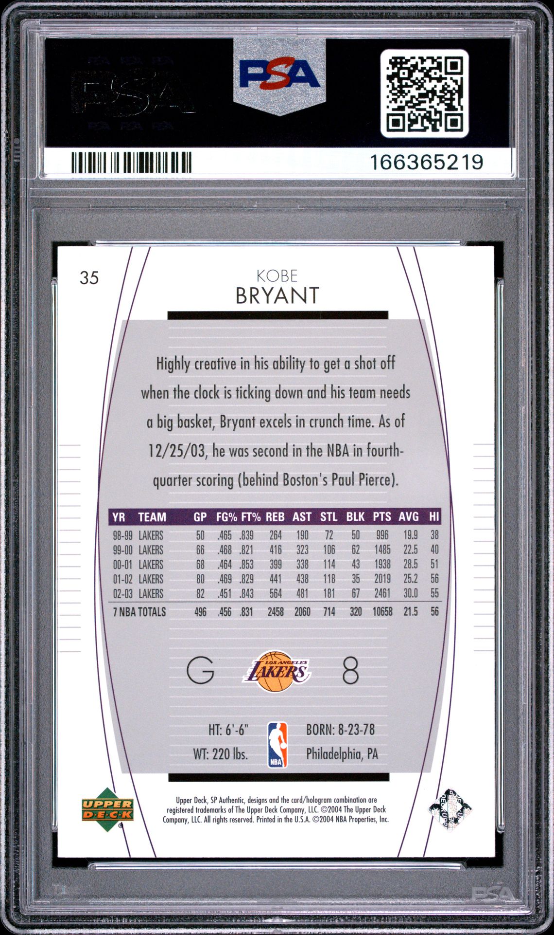 2003 Sp Authentic Kobe Bryant #35 Nm-Mt 8 back