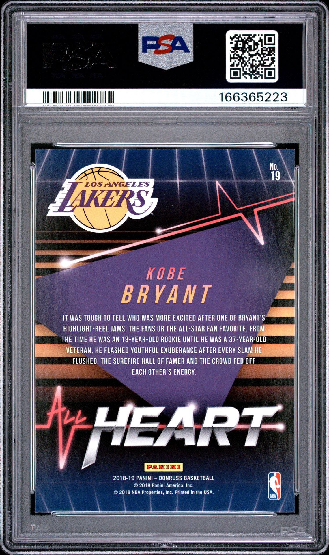 2018 Panini Donruss All Heart Kobe Bryant #19 (All Heart) Nm-Mt 8 back