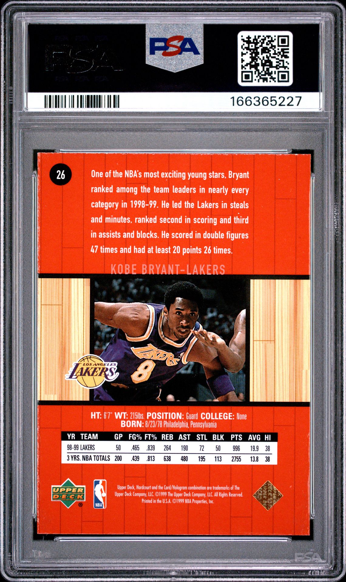 1999 Upper Deck Hardcourt Kobe Bryant #26 Nm-Mt 8 back