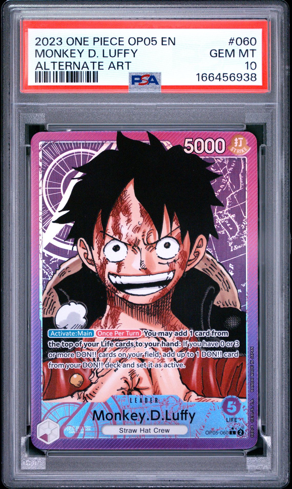 2023 ONE PIECE OP05-AWAKENING OF THE NEW ERA MONKEY D. LUFFY ALTERNATE ART 060 GEM MT 10 front