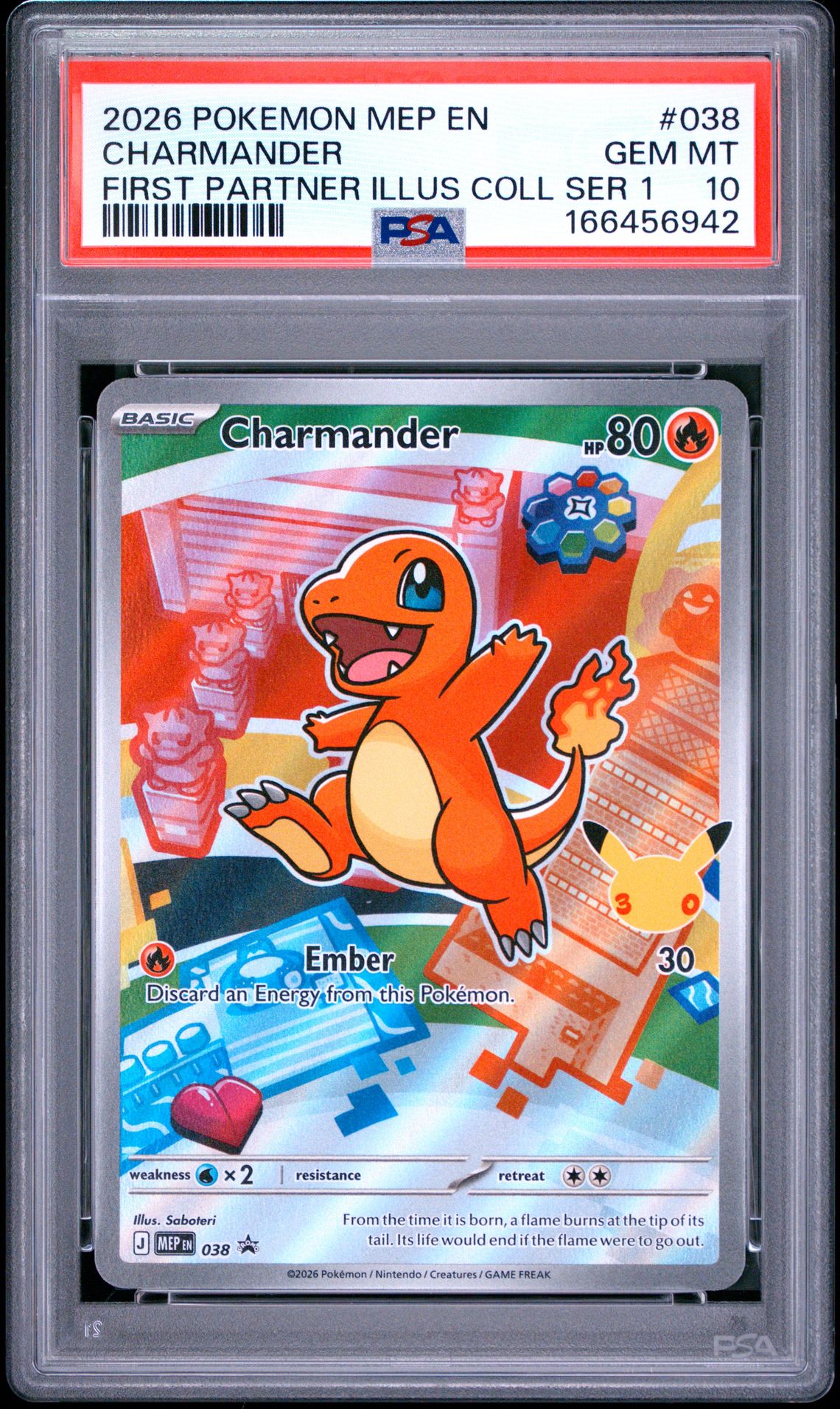 2026 Pokemon Mep En-Me Black Star Promo Charmander #038 (First Partner Illus Coll Ser 1) Gem Mt 10 front view - PSA graded GEM MT 10