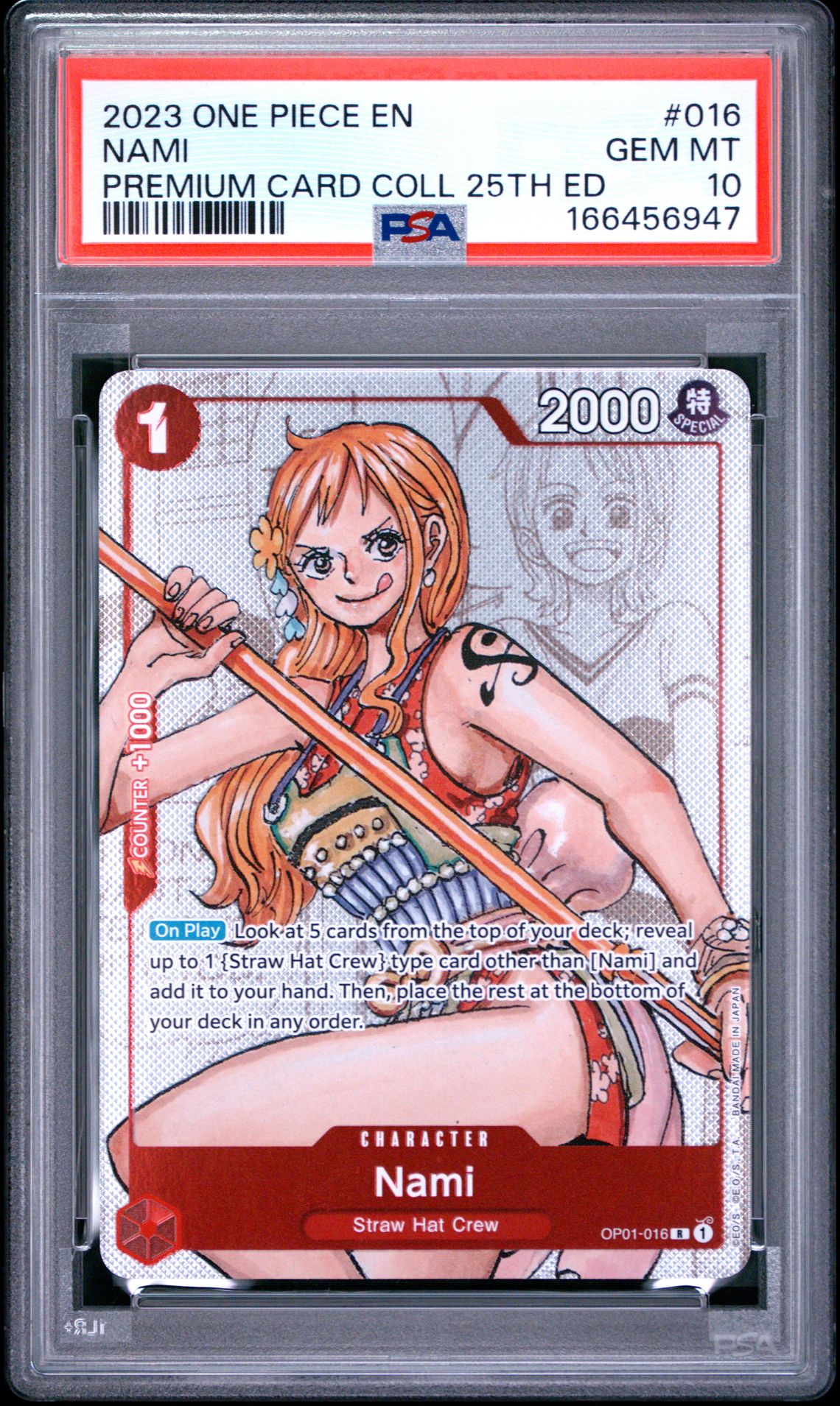 2023 One Piece Premium Card Collection 25Th Edition Nami #016 Gem Mt 10 front view - PSA graded GEM MT 10