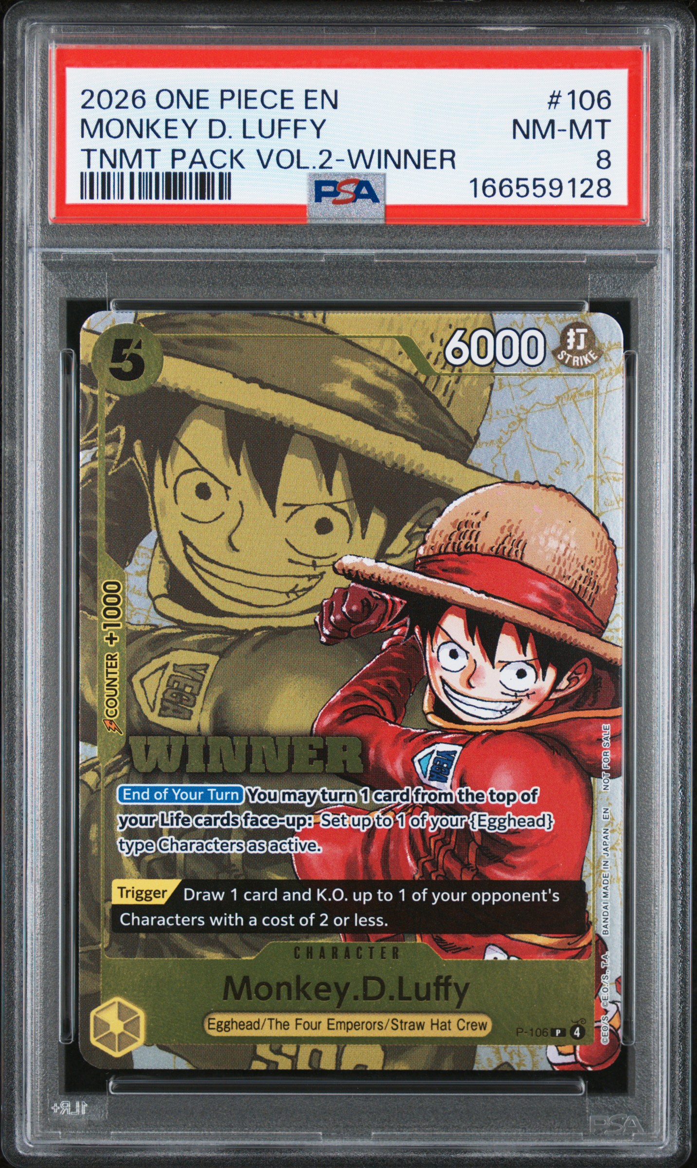 2026 #106 Monkey D. Luffy PSA 8 One Piece Tournament Pack Vol.2
