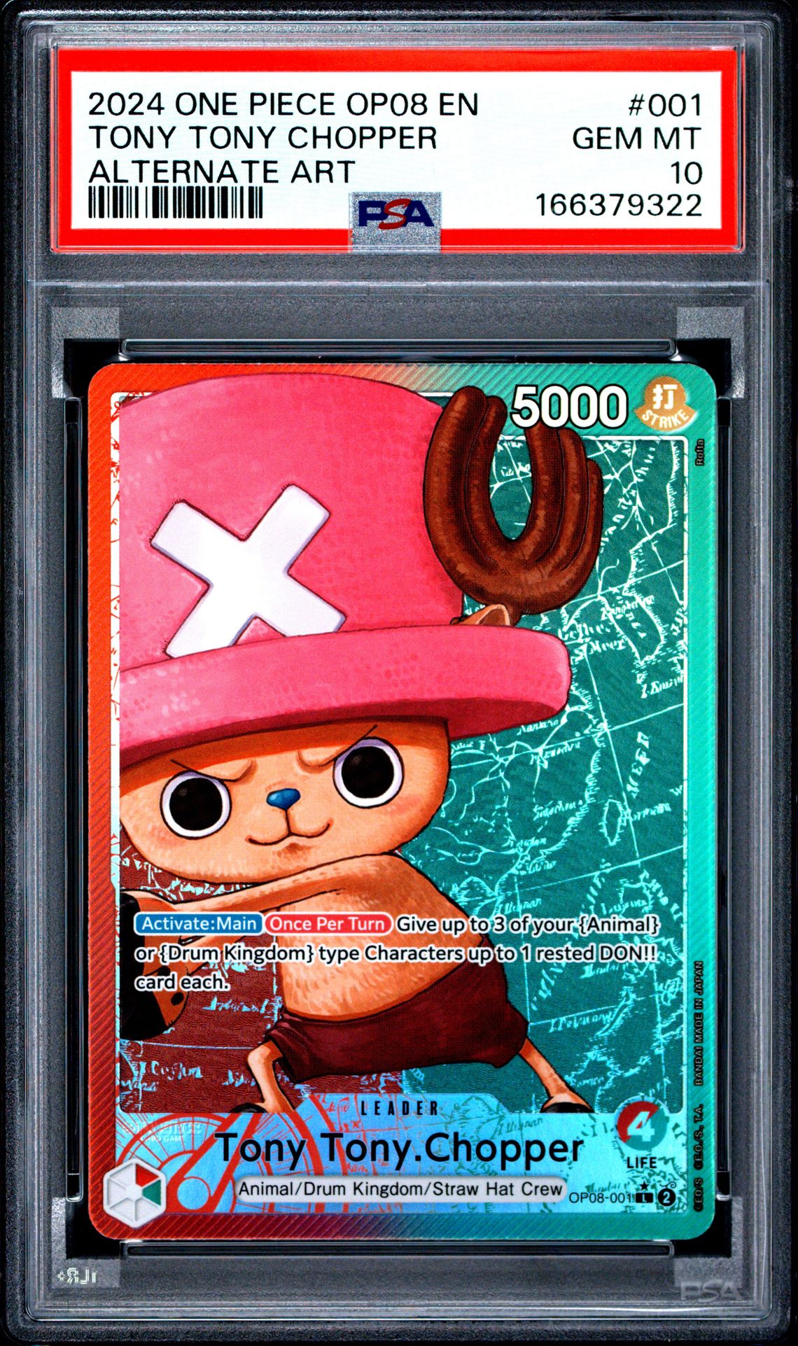 2024 One Piece Op08-Two Legends Tony Tony Chopper #001 (Alternate Art) Gem Mt 10 front view - PSA graded GEM MT 10