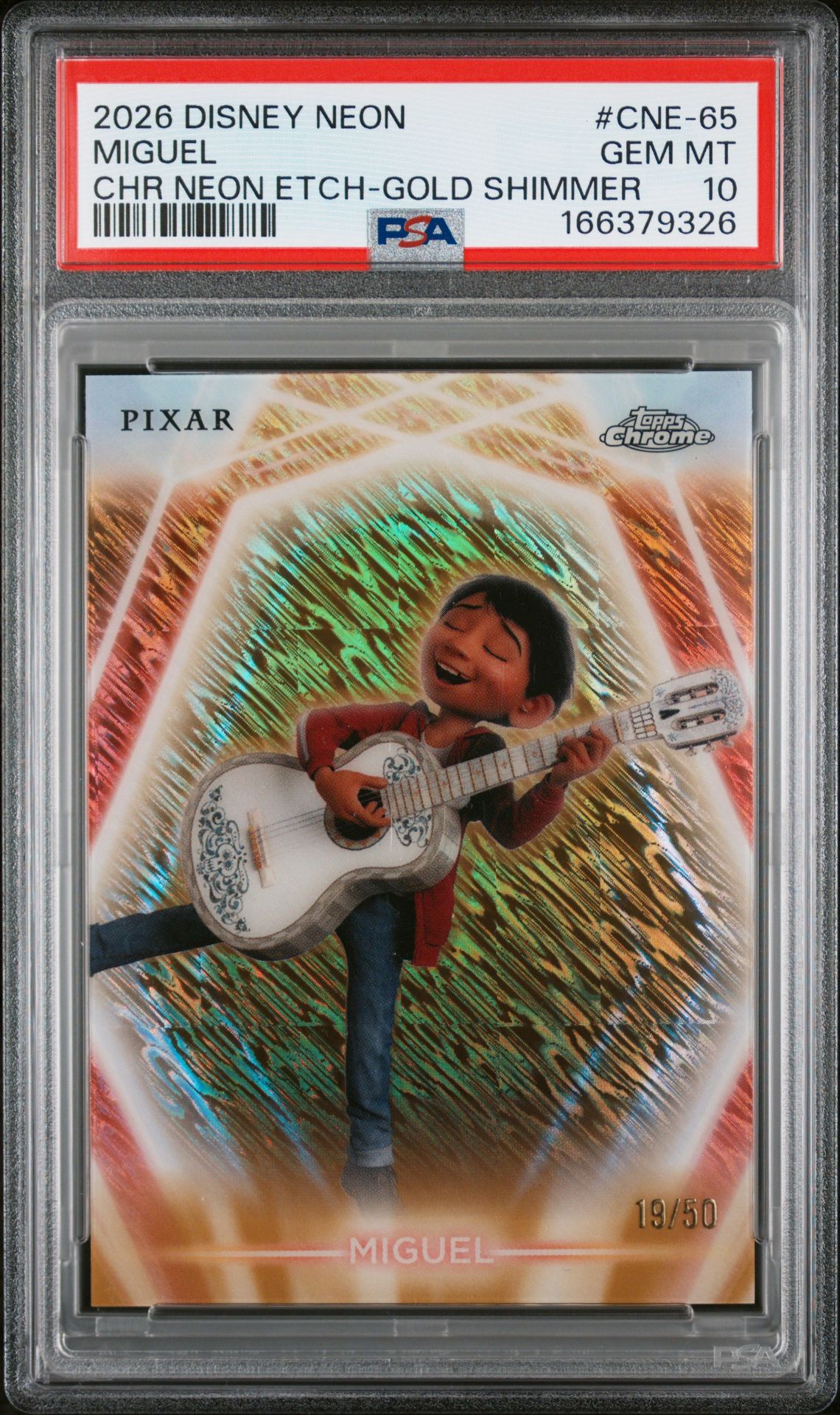 2026 Topps Disney Neon Miguel #Cne-65 (Chr Neon Etch-Gold Shimmer) Gem Mt 10 front view - PSA graded GEM MT 10