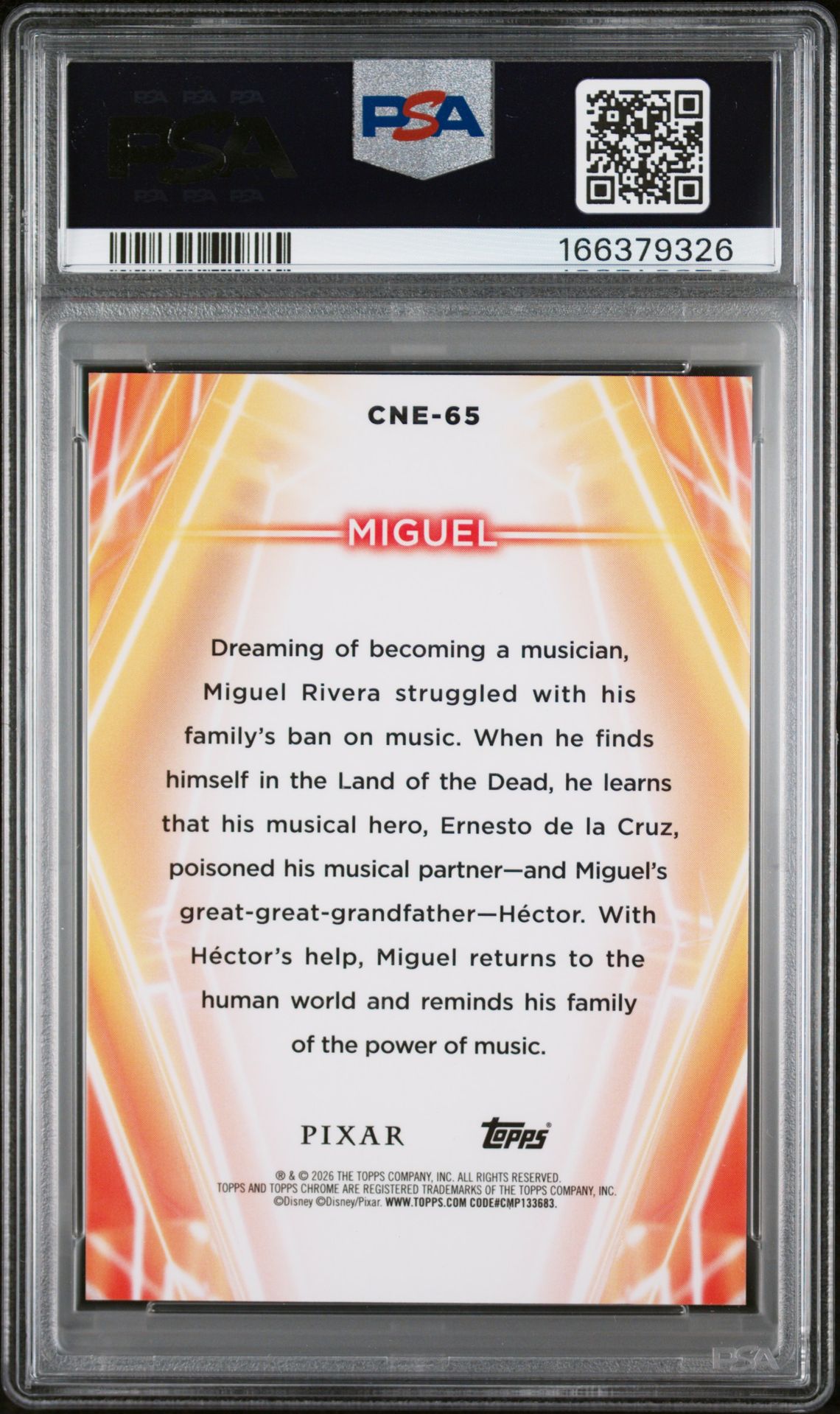 2026 Topps Disney Neon Miguel #Cne-65 (Chr Neon Etch-Gold Shimmer) Gem Mt 10 back view - PSA certificate #166379326