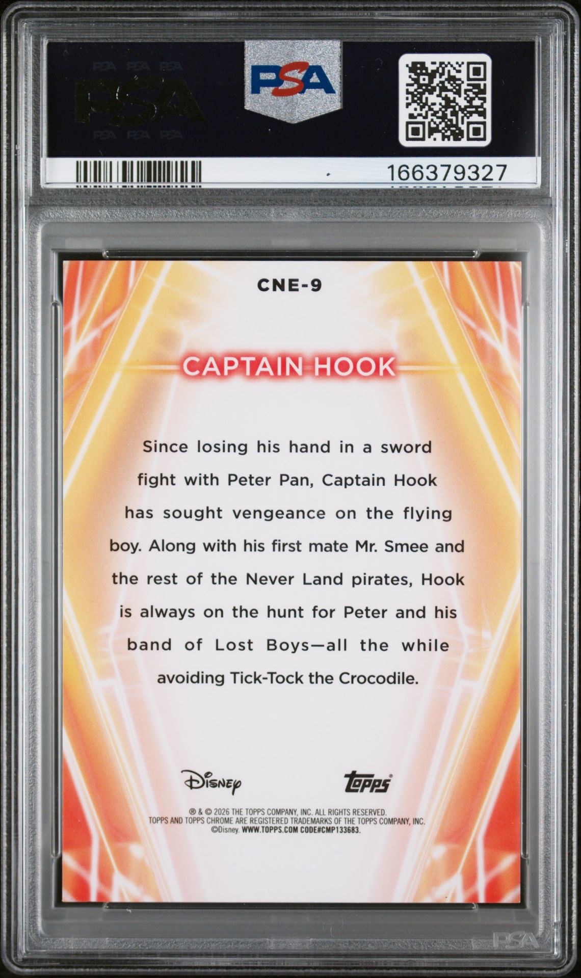 2026 Topps Disney Neon Captain Hook #Cne-9 (Chr Neon Etch-Gold Shimmer) Gem Mt 10 back view - PSA certificate #166379327
