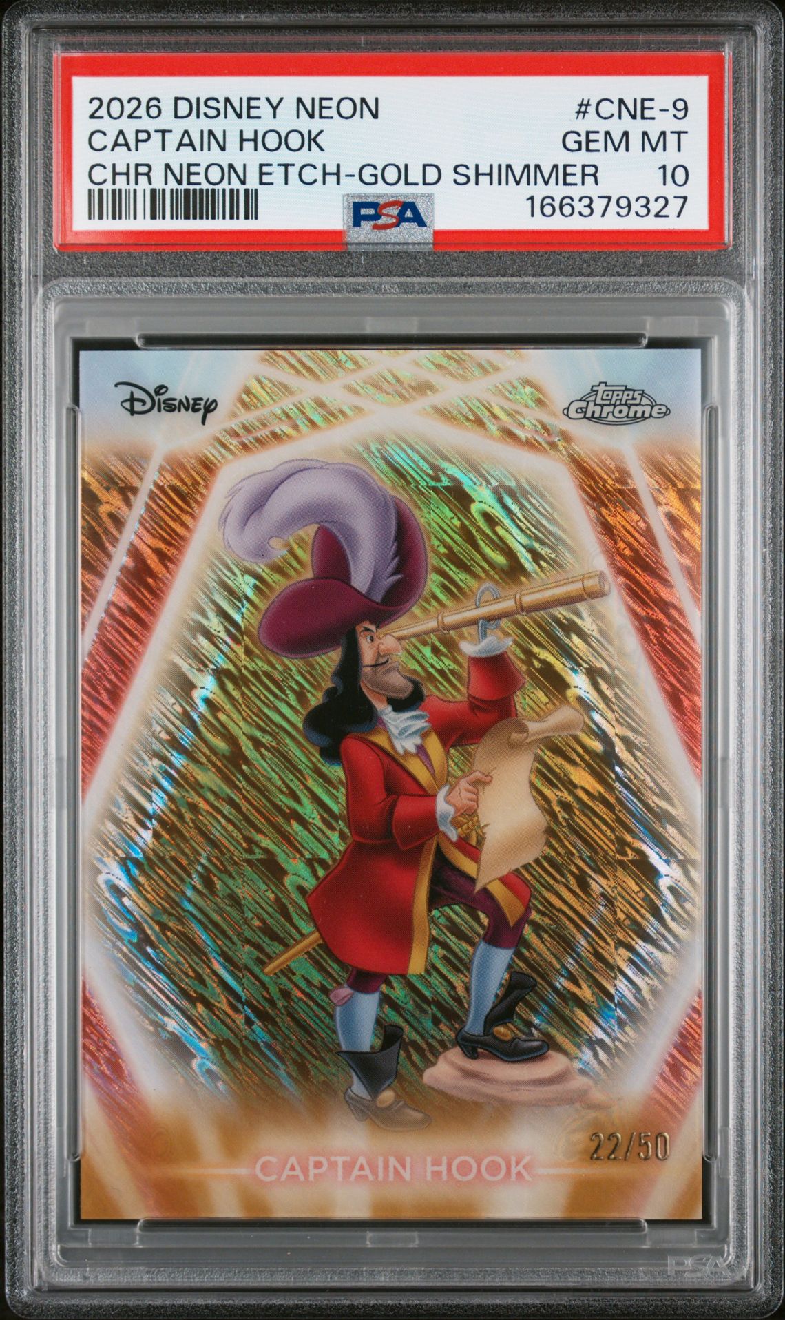 2026 Topps Disney Neon Captain Hook #Cne-9 (Chr Neon Etch-Gold Shimmer) Gem Mt 10 front view - PSA graded GEM MT 10