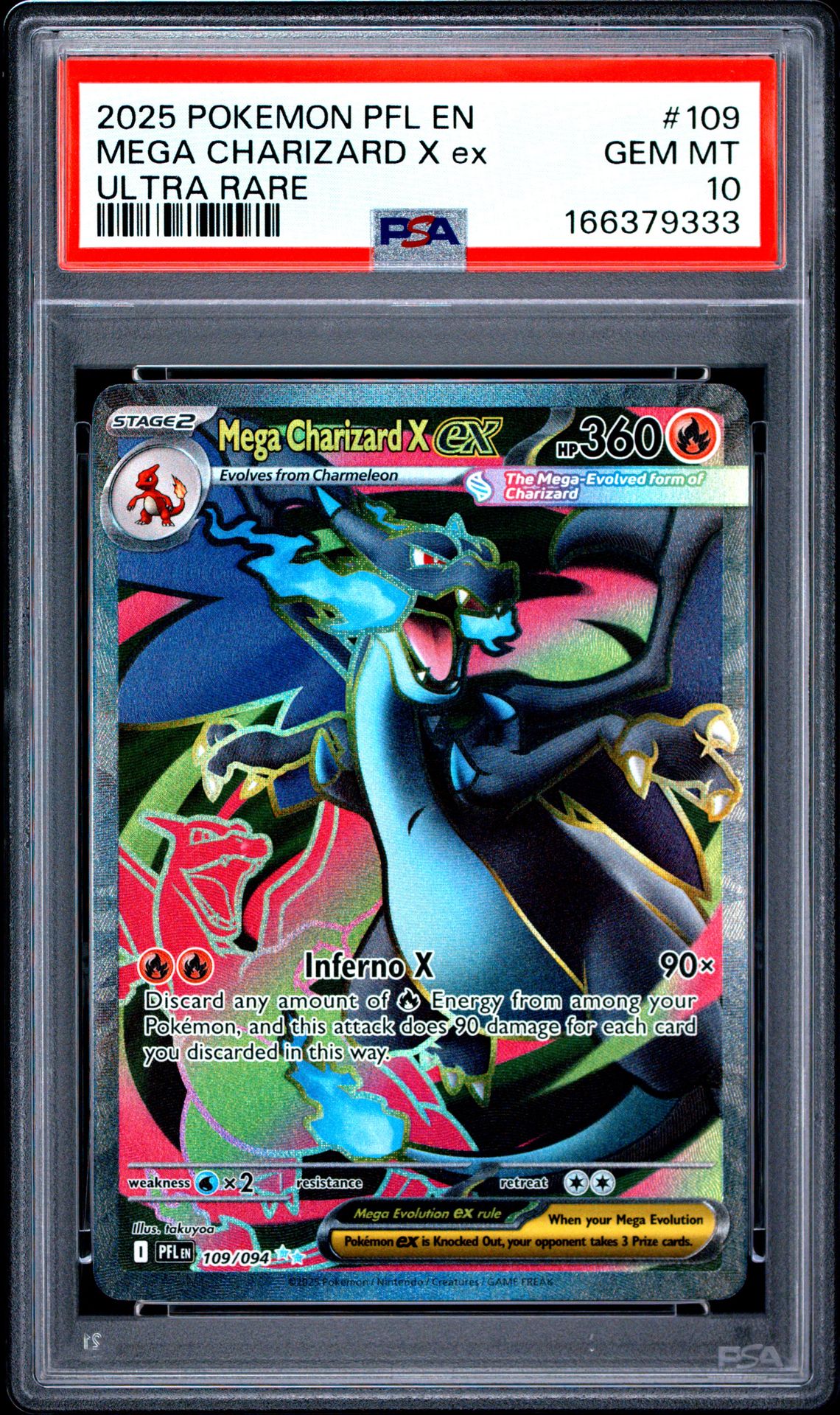 2025 Pokemon Pfl En-Phantasmal Flames Mega Charizard X Ex #109 (Ultra Rare) Gem Mt 10 front view - PSA graded GEM MT 10