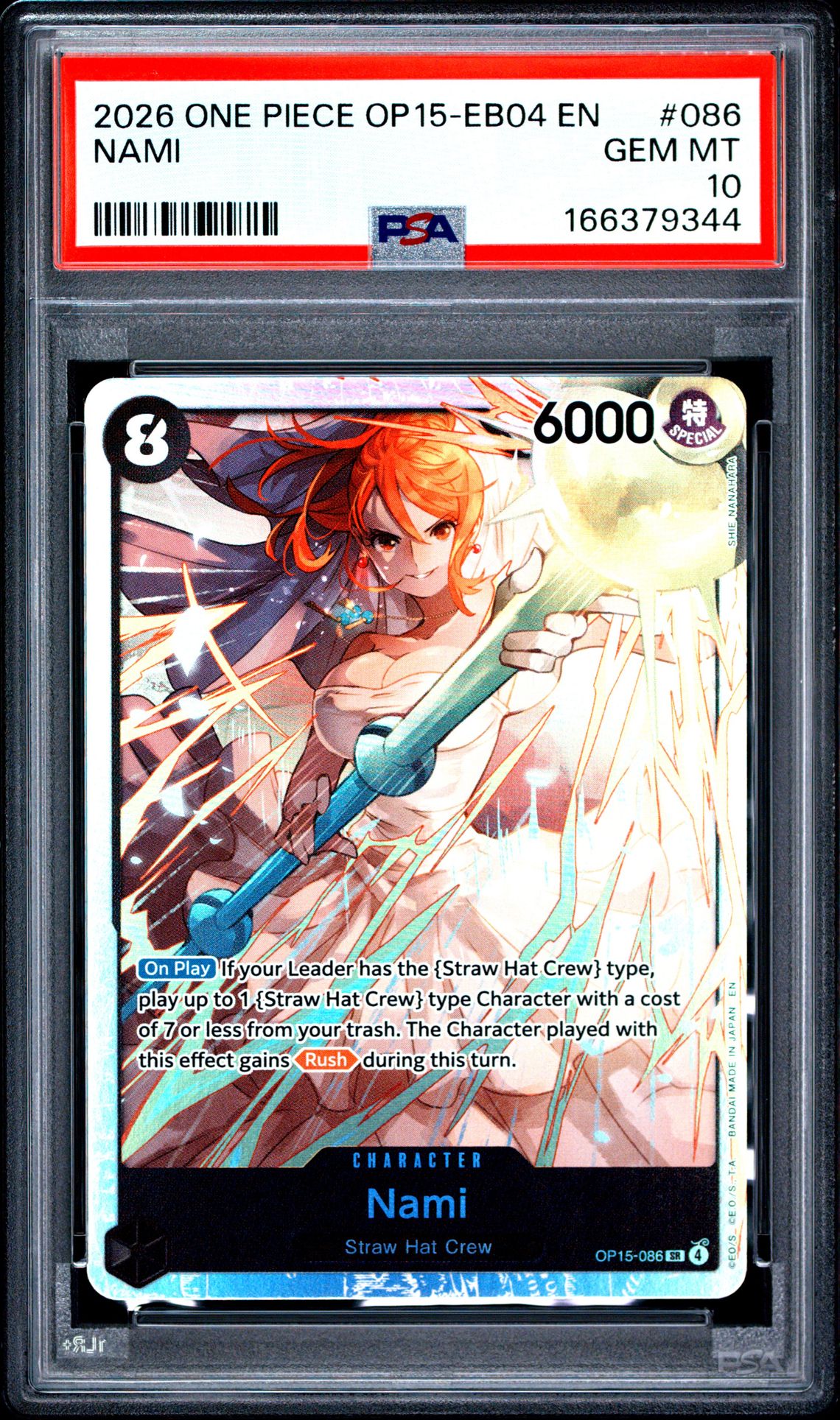 2026 One Piece Op15-Eb04-Adventure On Kami's Island Nami #086 Gem Mt 10 front view - PSA graded GEM MT 10
