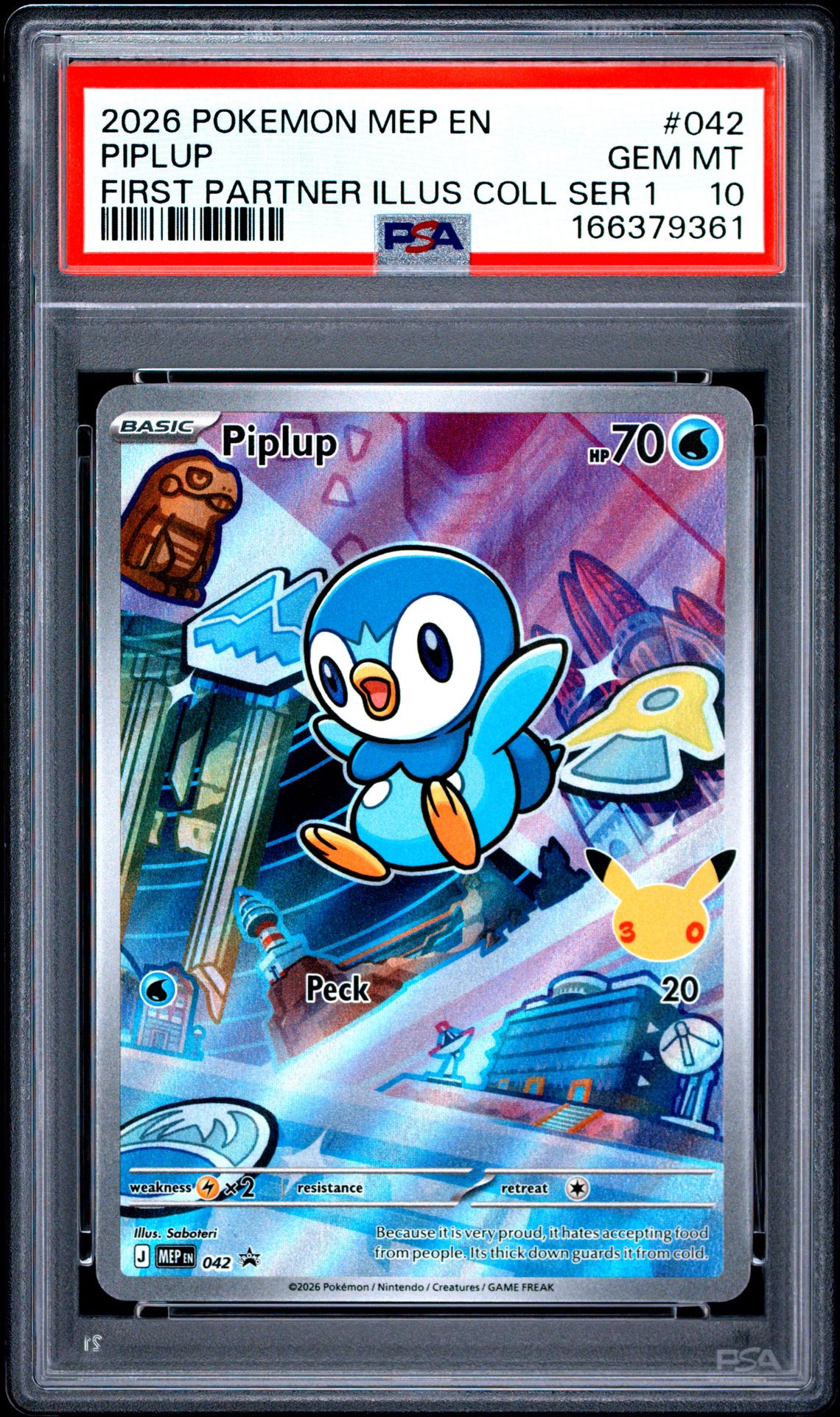 2026 Pokemon Mep En-Me Black Star Promo Piplup #042 (First Partner Illus Coll Ser 1) Gem Mt 10 front view - PSA graded GEM MT 10